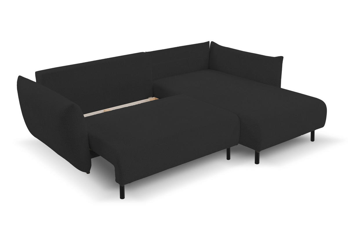 ECKSOFA ADEL mit Schlaffunktion und Bettkasten, L-förm, Metallbeine, verstellbar lose Rückenkissen, freistehend, RECHTS, 257x171x90 cm, Black - Schwarz, Holz/Textil (257/171cm) - DomoHome