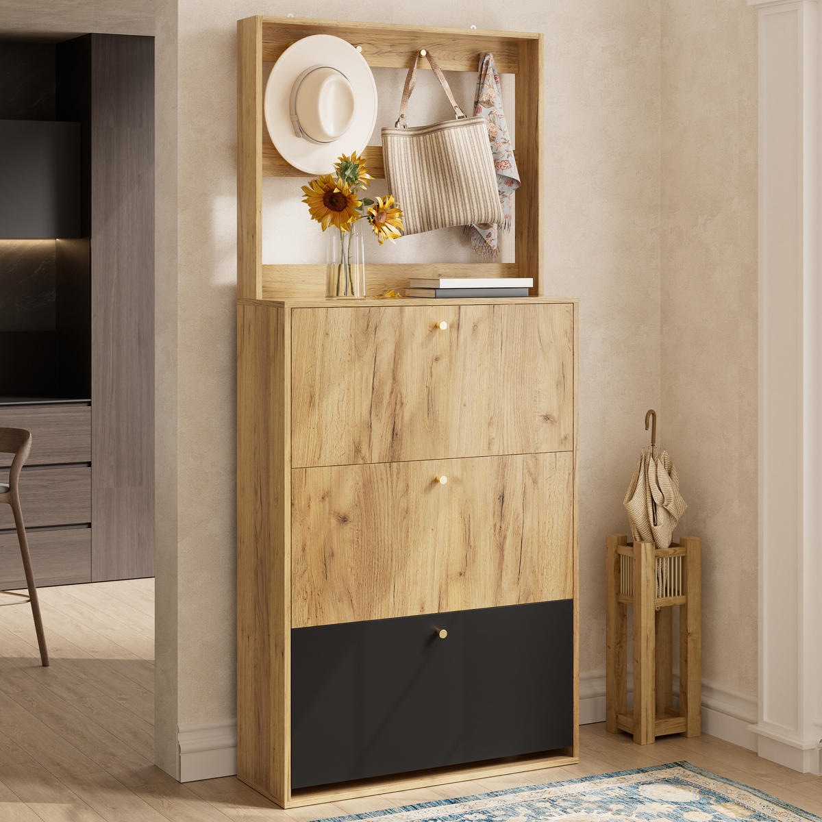 SCHUHSCHRANK in Naturfarben Schuhkipper mit Haken und Stauraum für den Flur,B75/H180/T24 cm - Naturfarben, Holzwerkstoff (75/180/24cm) - STILVORA