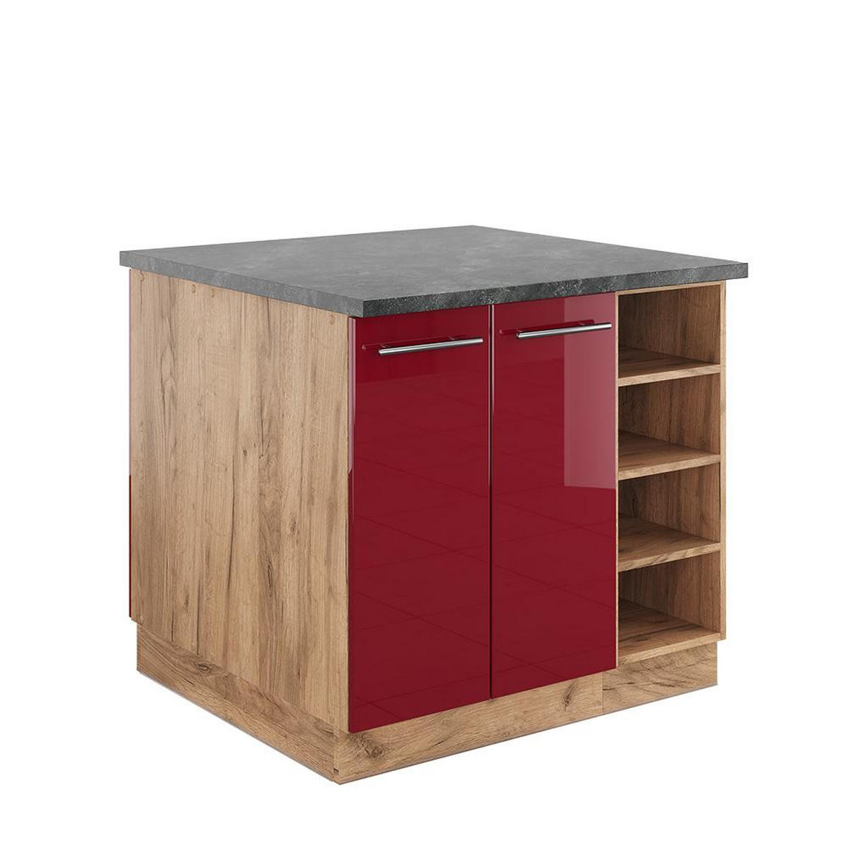KÜCHENINSEL Fame-Line Bordeaux Hochglanz/Goldkraft Eiche 90 cm ohne Arbeitsplatte - Bordeaux/Eichefarben, Holzwerkstoff (90/82/82cm) - Vicco
