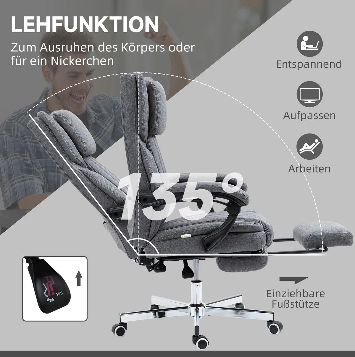 DREHSTUHL 65/61/105-113 cm, ergonomisch mit 6-Punkt-Massage, Leinenoptik, Grau - Grau, Kunststoff (61/113/65cm) - Redom