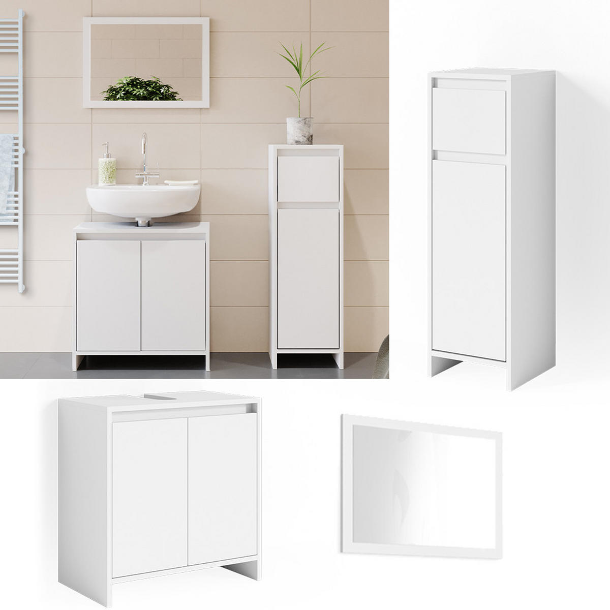BADMÖBEL-SET Emma Weiß 3 Teile, mit Midischrank - Weiß, Holzwerkstoff (58/60/33cm) - Vicco