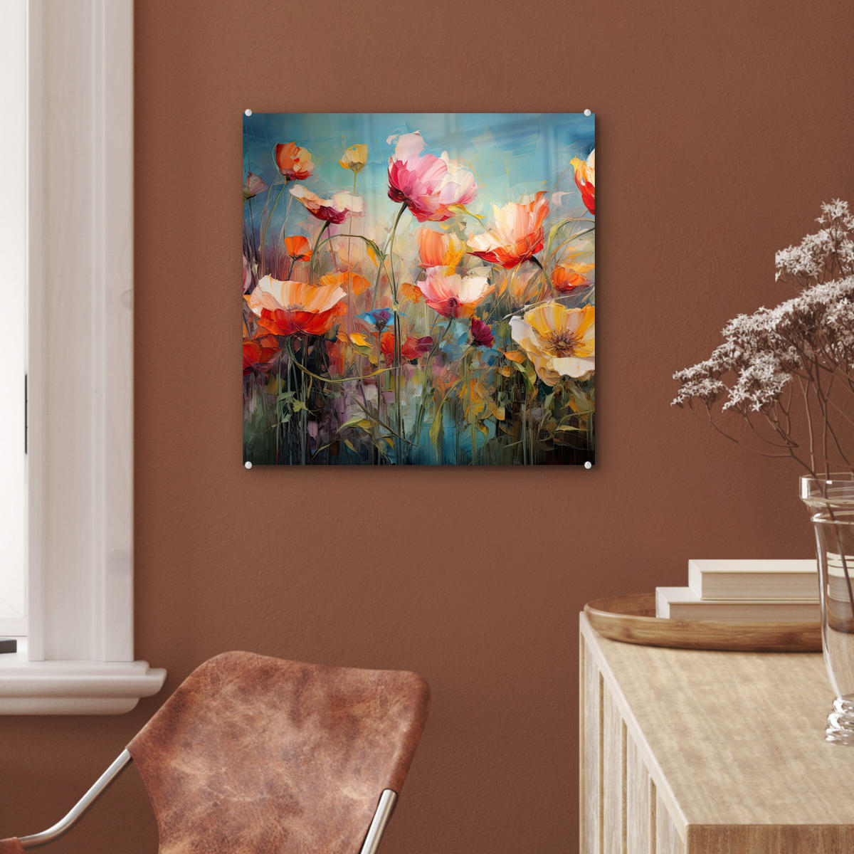 OBRAZ NA AKRYLOVOM SKLE Kvety - Akvarel - Umenie - Botanické - Príroda 50x50 cm - oranžová, sklo (50/50cm) - MuchoWow