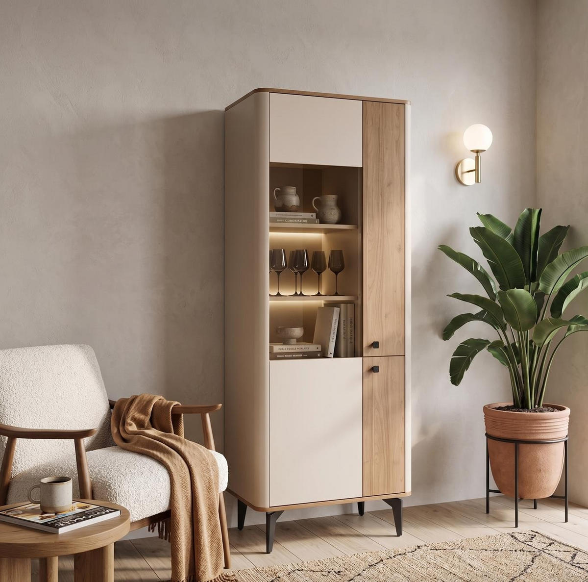 VITRINE Aurena Kaschmir mit Walnuss, - Schwarz/Braun, Holzwerkstoff (73/190/40cm) - Bettso
