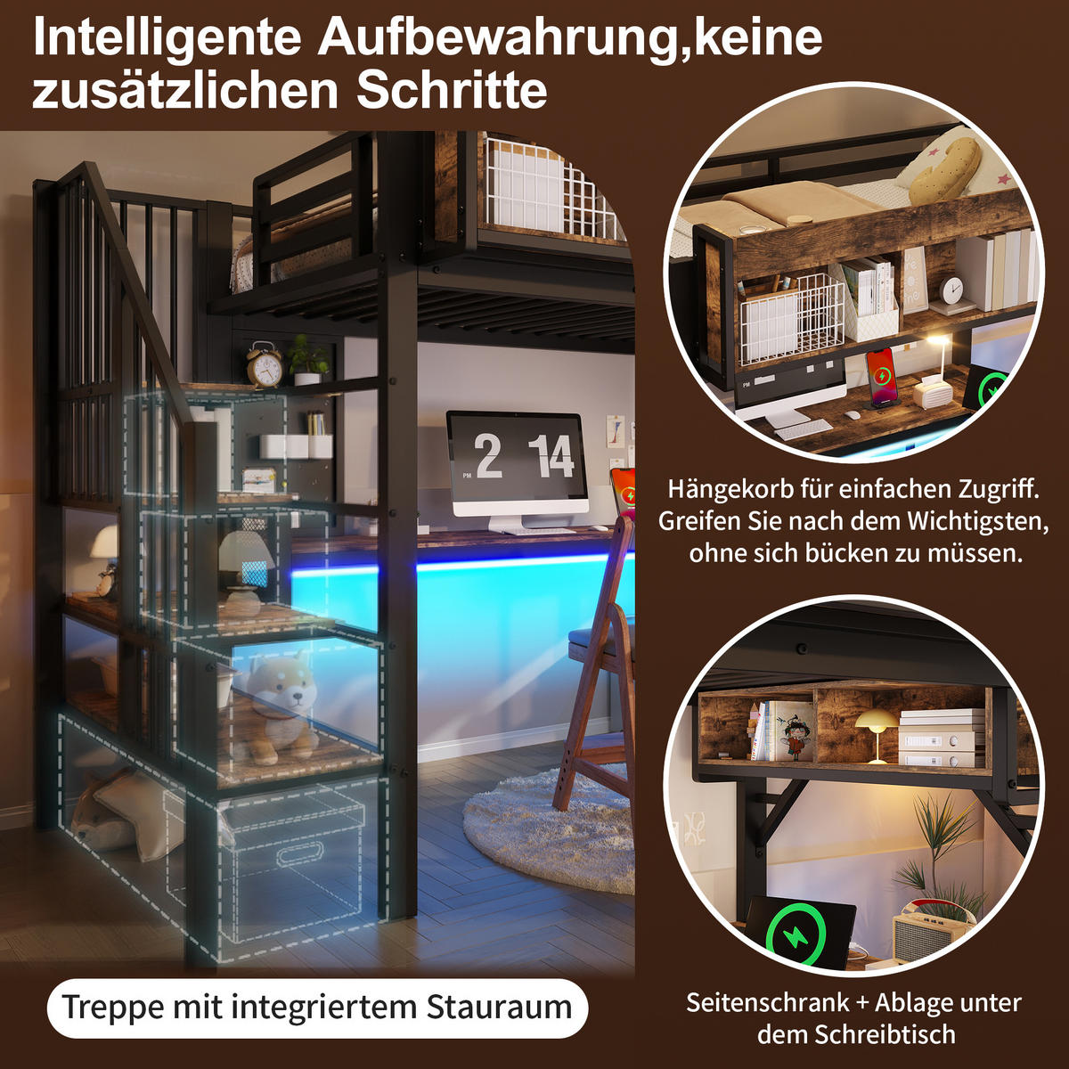 HOCHBETT 90/200 cm Schwarz mit Eckschreibtisch, Stauraum und LED - Schwarz, Holz (90/200cm) - Oxeza