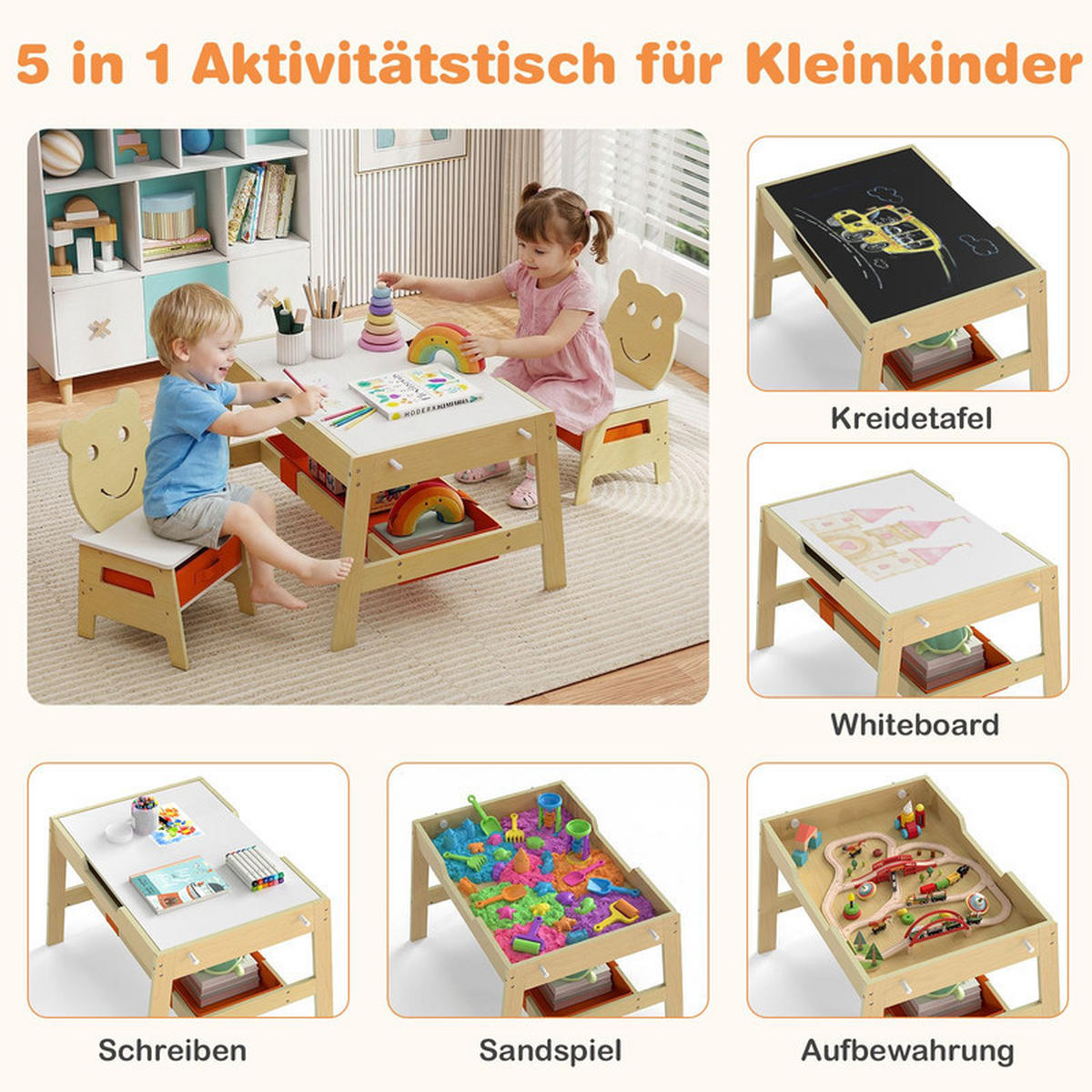 KINDERTISCH mit stuhl natur(3-tlg) - Naturfarben, Holzwerkstoff (70/45/60.5cm) - COSTWAY
