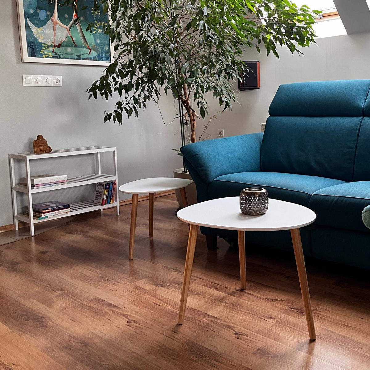 COUCHTISCH 2er Set MDF Bambus Weiß Naturfarben 55×53×42 / 39×39×40 cm - Weiß/Naturfarben, Holzwerkstoff (53/55/42cm) - Begryf