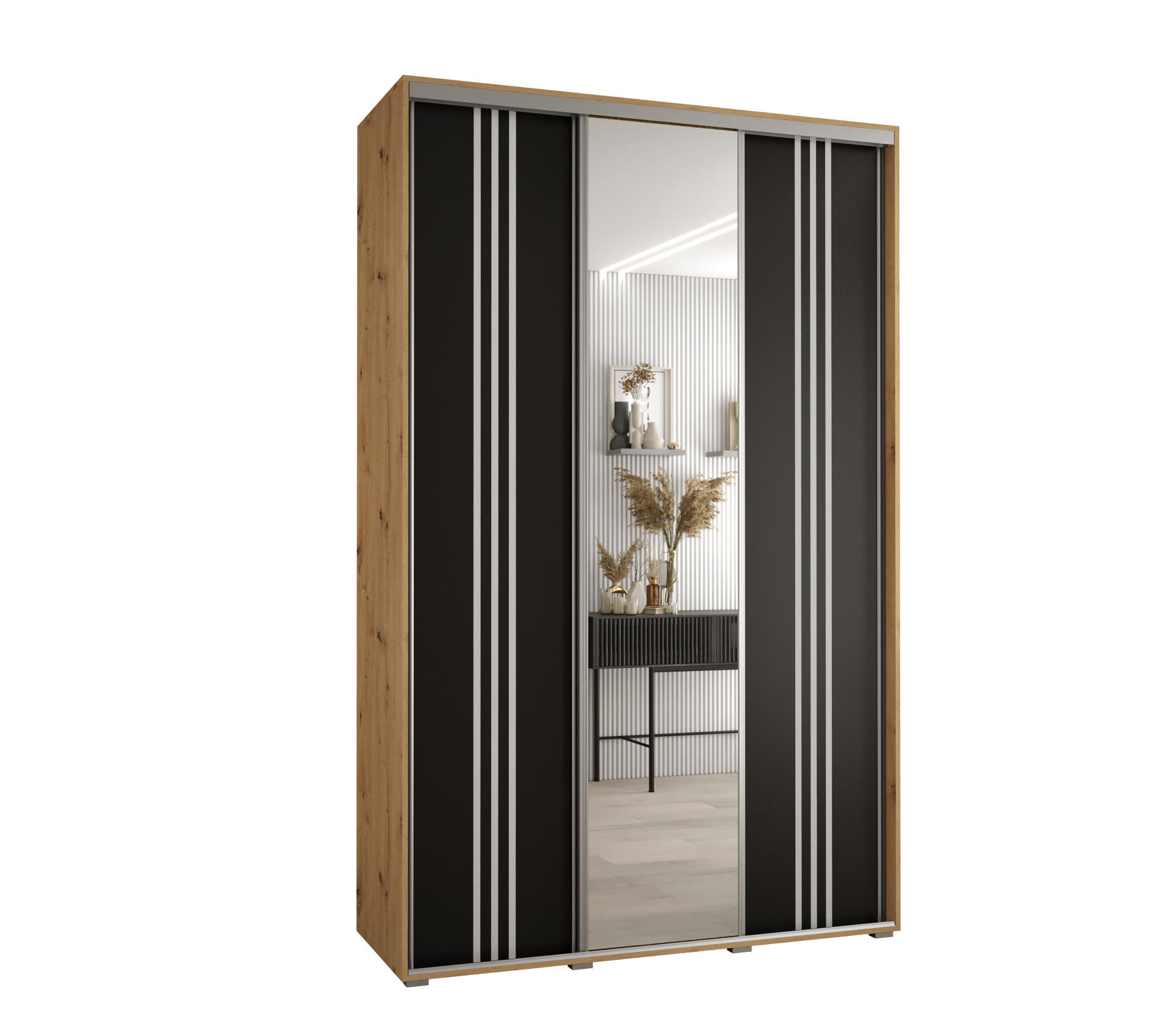 Abiks Möbel SCHWEBETÜRENSCHRANK Eiche Artisan, Schwarz, Silber 150cm × 45cm × 235cm