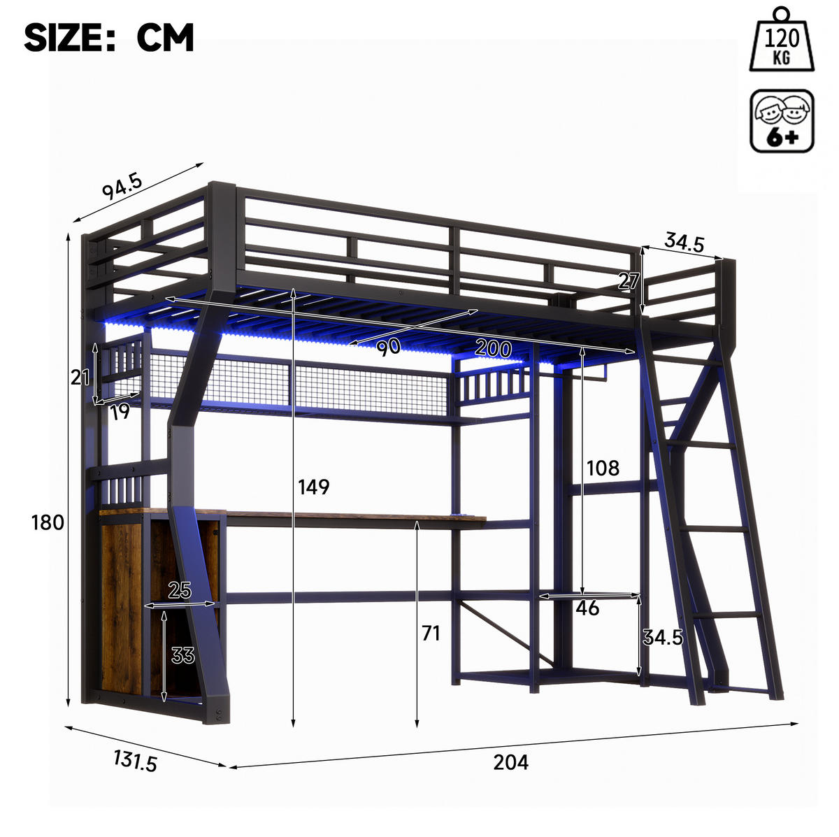 VYSOKÁ posteľ 90/200 cm čierna z MDF a kovu s LED osvetlením zásuvkou šatníkovou tyčou a písacím stolom - čierna, kompozitné drevo (90/200cm) - OKWISH
