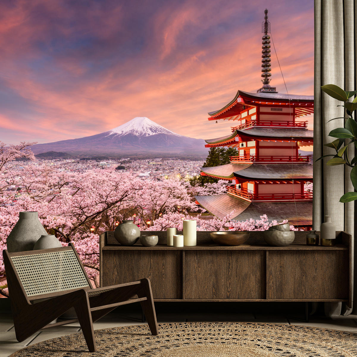 FOTOTAPETE Pagode Berg Fuji Sakura Landschaft 3D 200x140 - Rot/Violett, Papier (200/140cm) - Muralo