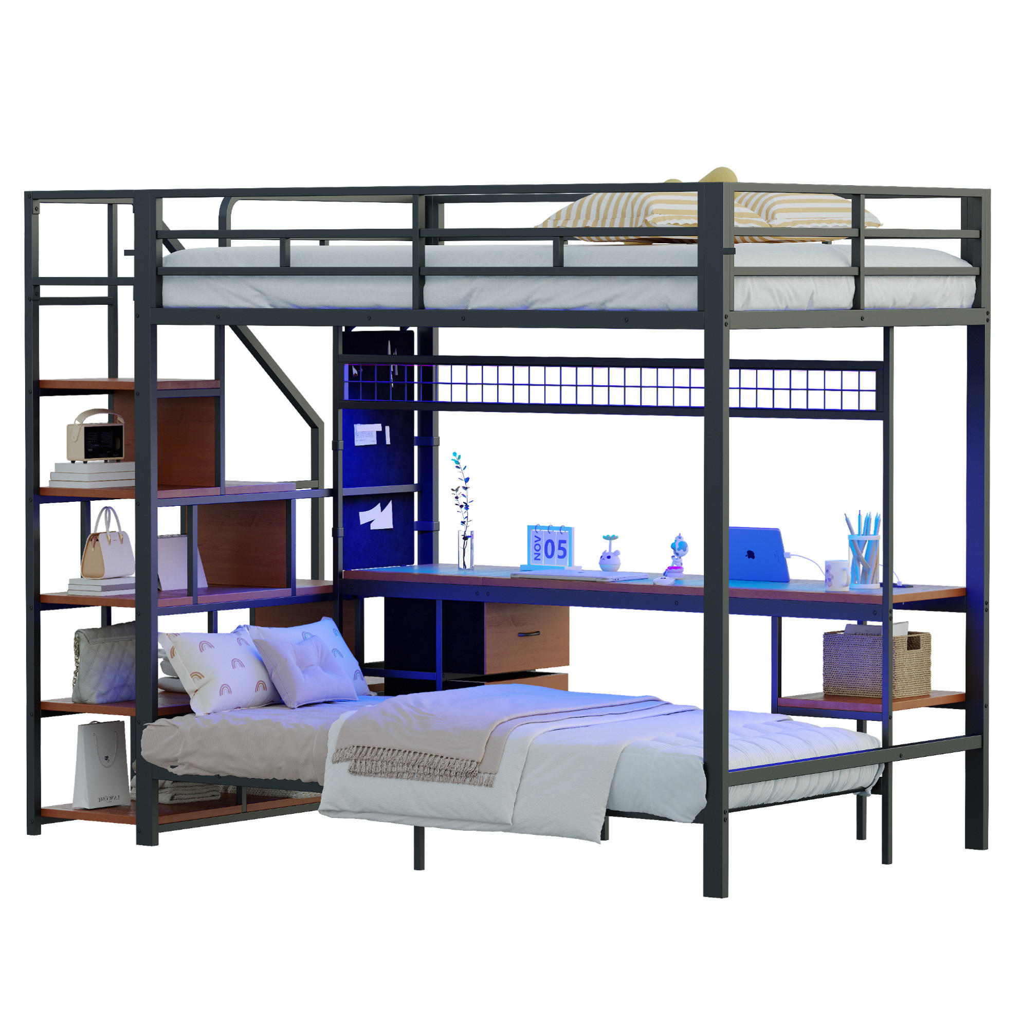 HOCHBETT 247/144,5/170 cm aus Metall und MDF mit Schreibtisch, LED und Unterbett Schwarz - Schwarz, Metall (140/200cm) - Modenvie