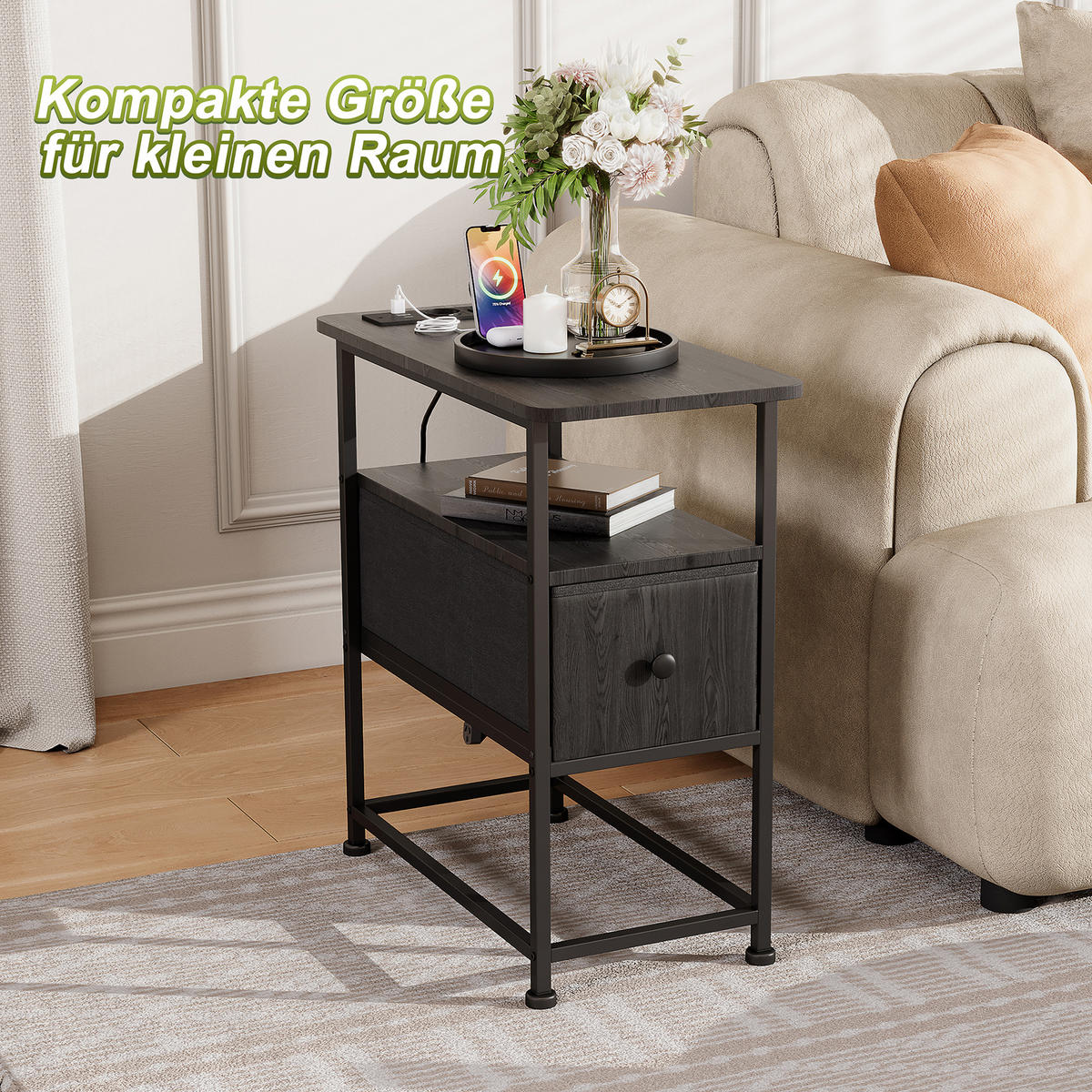 NACHTTISCH LED USB Schublade offene Fächer schwarz - Schwarz, Holz (60/62/30cm) - LEBENLANG