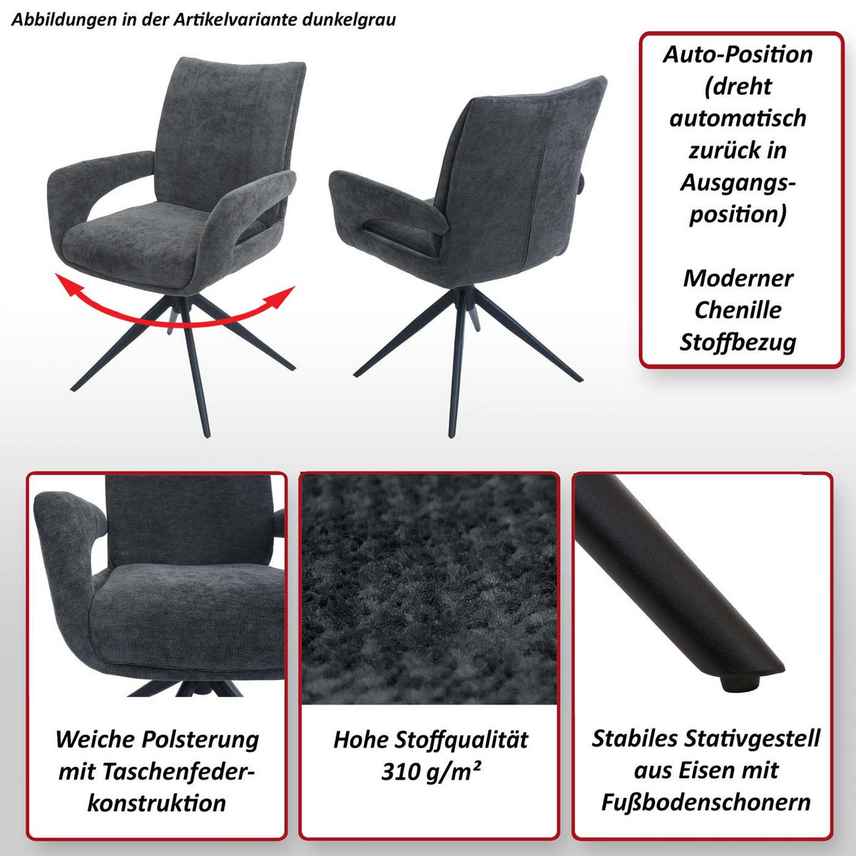 JEDÁLENSKÁ stolička Šedá, sada 6 ks - sivá/tmavosivá, textil (60/90/60cm) - MCW