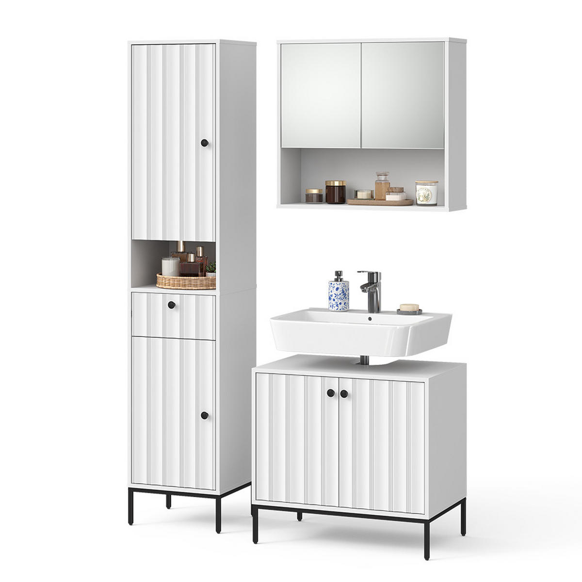 BADMÖBEL-SET Eliza Weiß Riffel 3 Teile - Weiß, Holzwerkstoff (70/65/45cm) - Vicco