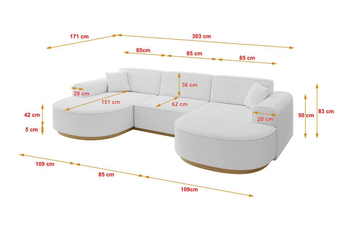 WOHNLANDSCHAFT MARI-U1-v2 - 303x171x83 cm Weiß Bouclé - Weiß, Holzwerkstoff/Textil (303/83/171cm) - ALTDECOR