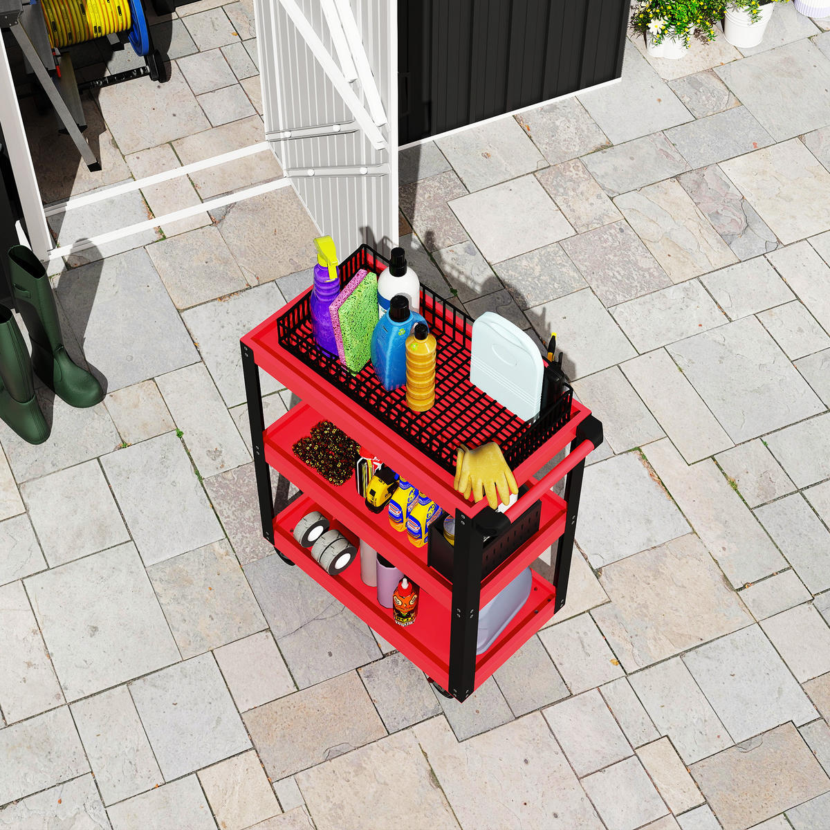 WERKZEUGWAGEN DE-09503 3 Ebenen mit Metallrahmen Rot - Rot, Metall (35/82.5/70.5cm) - ComfortXL