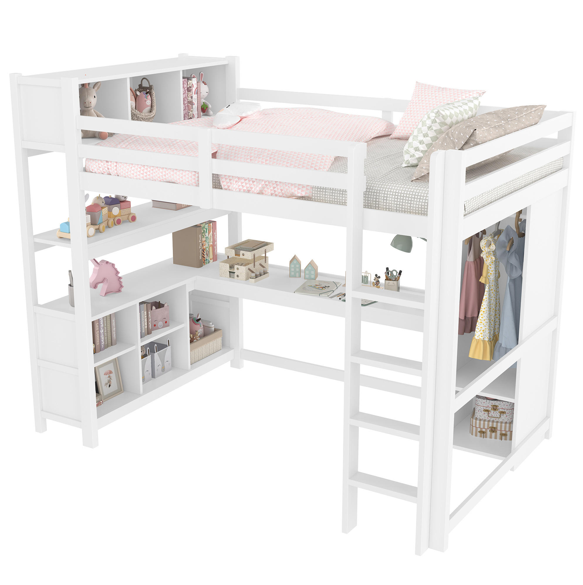 HOCHBETT 140/200 cm aus Kiefernholz und MDF mit Schreibtisch, Regalen und Kleiderschrank Weiß - Weiß, Holz (140/200cm) - Modenvie