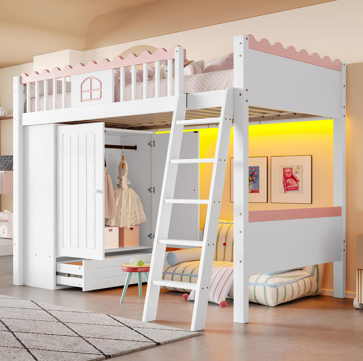 HOCHBETT aus Kiefer und MDF 90x200 cm Weiß mit LED, Kleiderschrank und Schublade, EN747-zertifiziert - Weiß, Holzwerkstoff (90/200cm) - Modfu