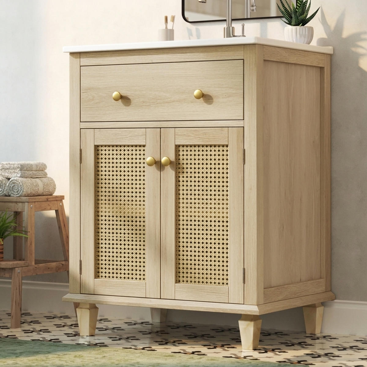 WASCHTISCHKOMBI 61/47/87 cm Naturholz mit Klappschublade und 2 Schranktüren, ohne Wasserhahn - Naturfarben, Holz/Holzwerkstoff (47/87/61cm) - Oxeza