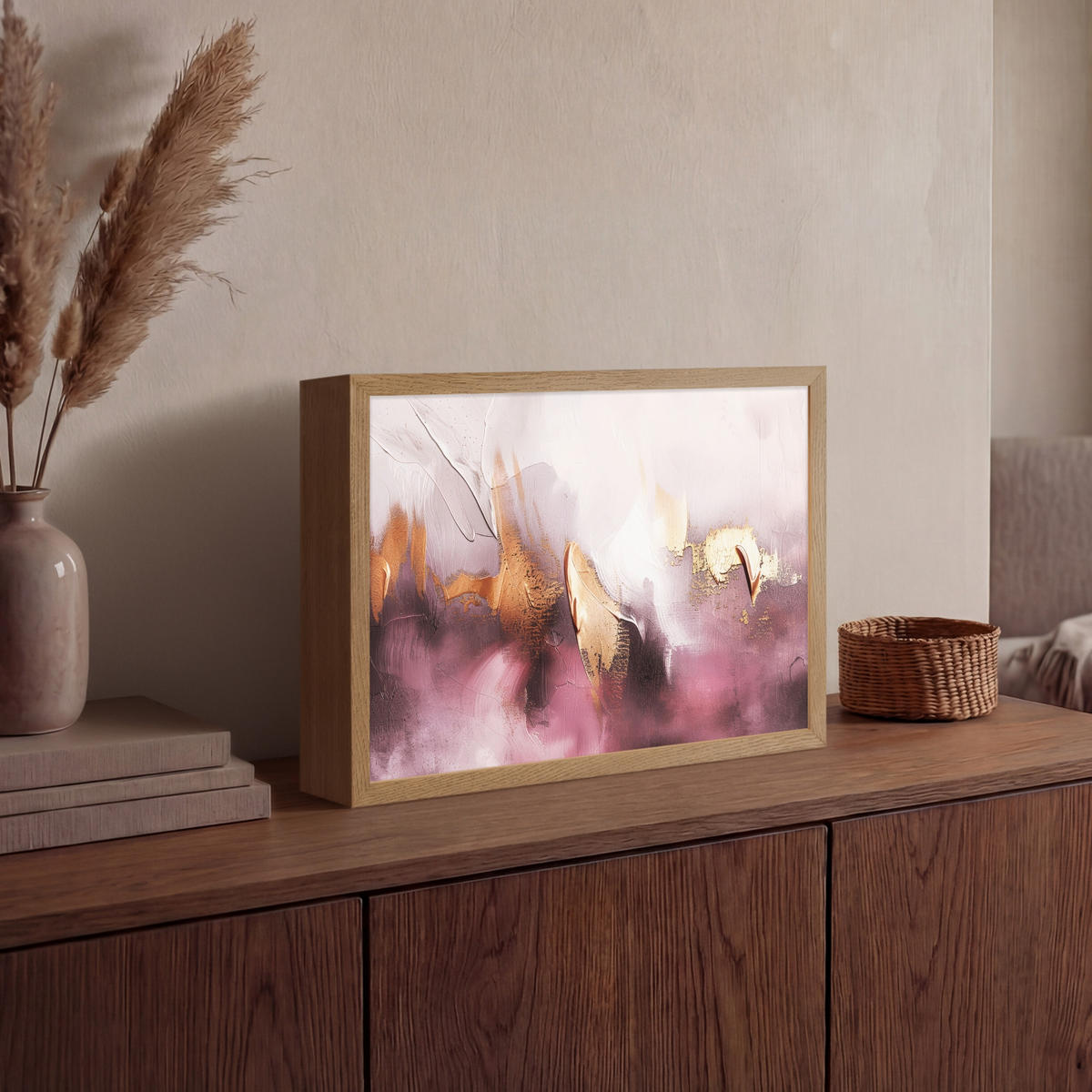 NÁSTĚNNÁ LAMPA S AKUMULÁTOREM Fialová - abstraktní - barva - zlatá 40x30 cm - světle fialová, kompozitní dřevo (40/30/8cm) - OnlyWow