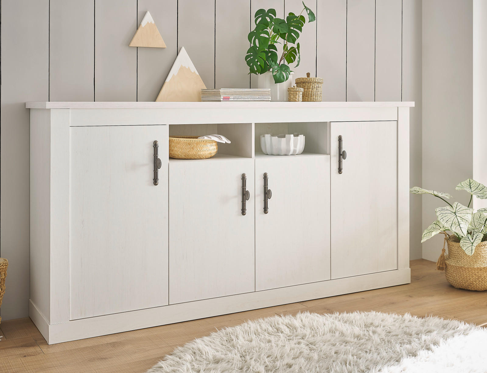 SIDEBOARD weiß Pinie Landhaus, Kommode 201 cm, Soft-Close-Funktion - Weiß, Holzwerkstoff/Kunststoff (200/104/45cm) - Furn.Design