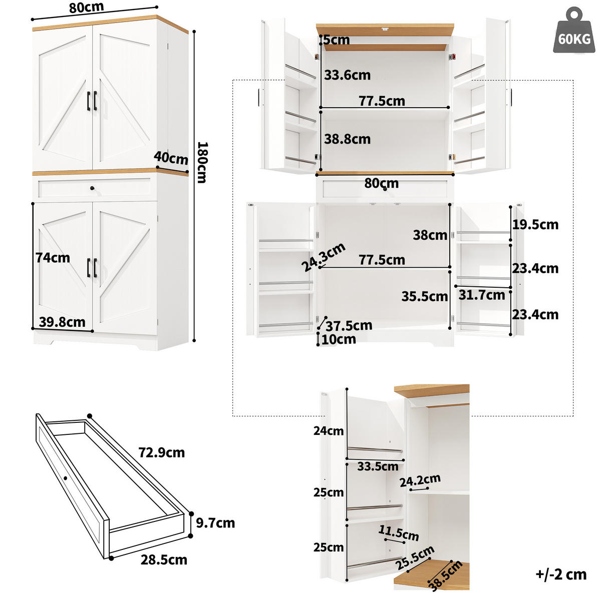 HOCHSCHRANK aus MDF in Weiß mit Holzoptik-Tischplatte, Schubladen und offenen Snack-Regalen, 80/40/180 cm, Weiß - Weiß, Holzwerkstoff (80/180/40cm) - Redom