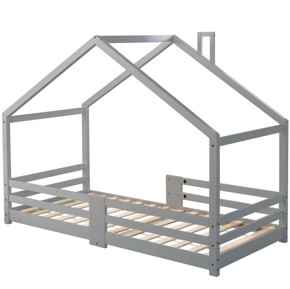 HAUSBETT 90/200 cm Grau aus Kiefer massiv mit Rausfallschutz - Grau, Holz (90/200cm) - Flora Grace