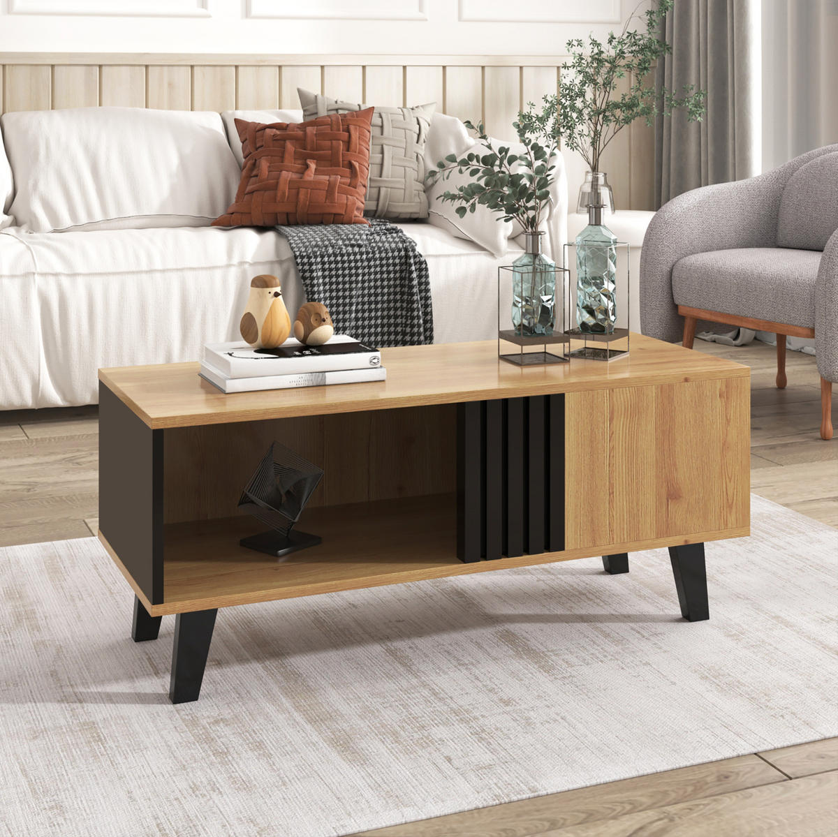 COUCHTISCH aus Glas und Spanplatte 100x60x45 cm Schwarz/Holzfarben mit Staufächern - Naturfarben, Holzwerkstoff (100/60/45cm) - IVMEU