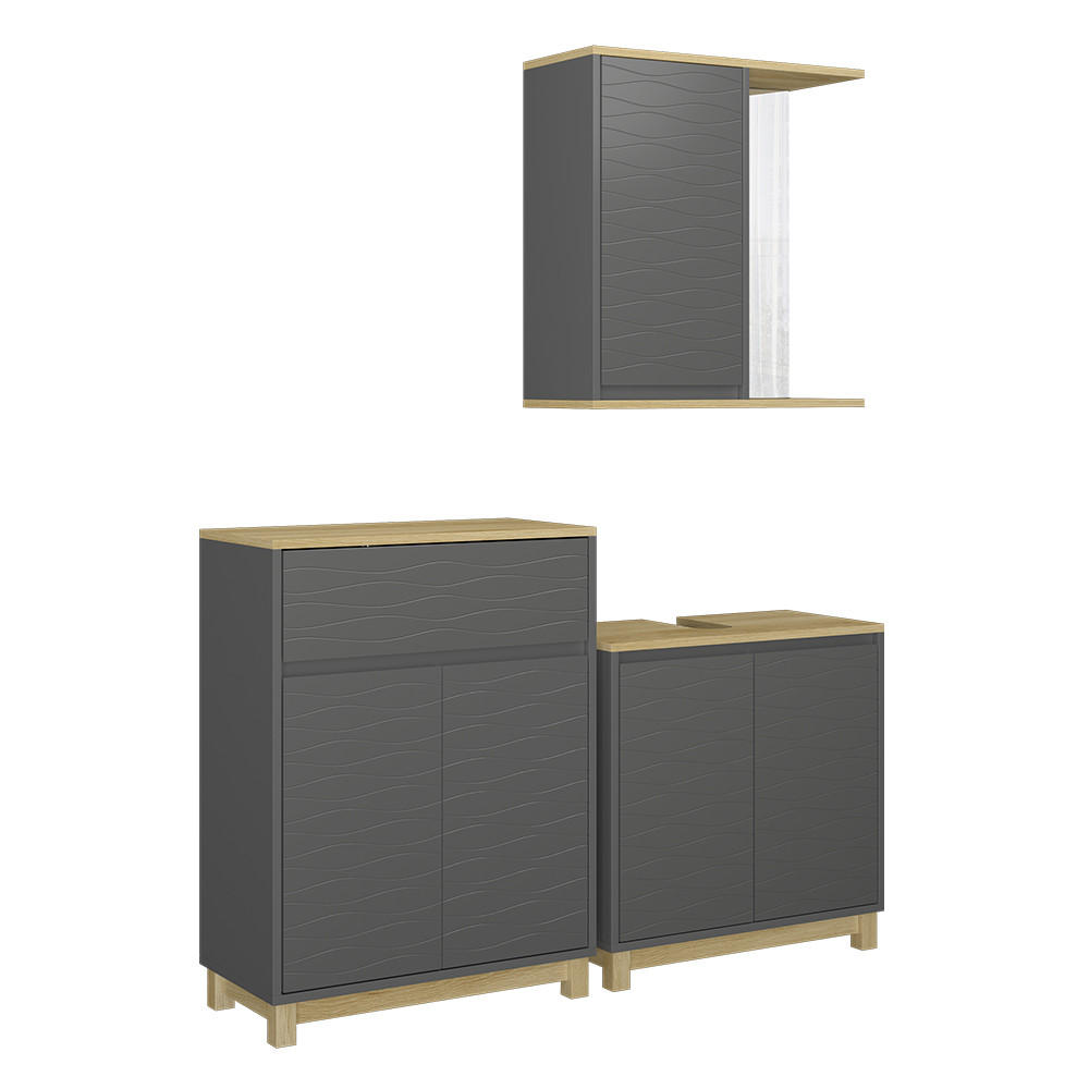BADRUMSMÖBELSET Livia Antracit/ek 3 delar, med badrumshylla Antracit, Ekfärgad 60/60/30 cm