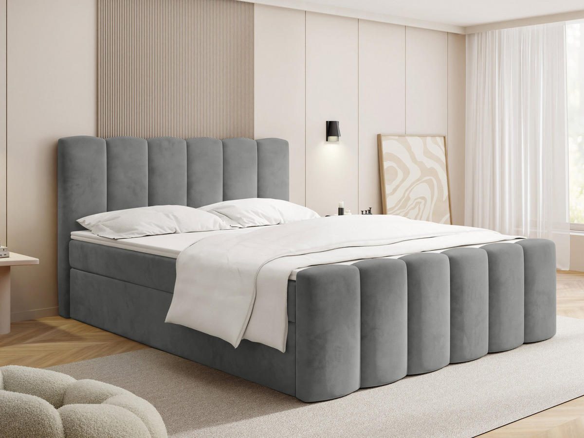 BOXBETT Serenity mit Bettkasten, Samt Grau 200x200 cm – inkl. H4 Taschenfederkern Matratze & Foam Topper - Schwarz/Grau, Holz/Holzwerkstoff (200/200cm) - WFL GROUP