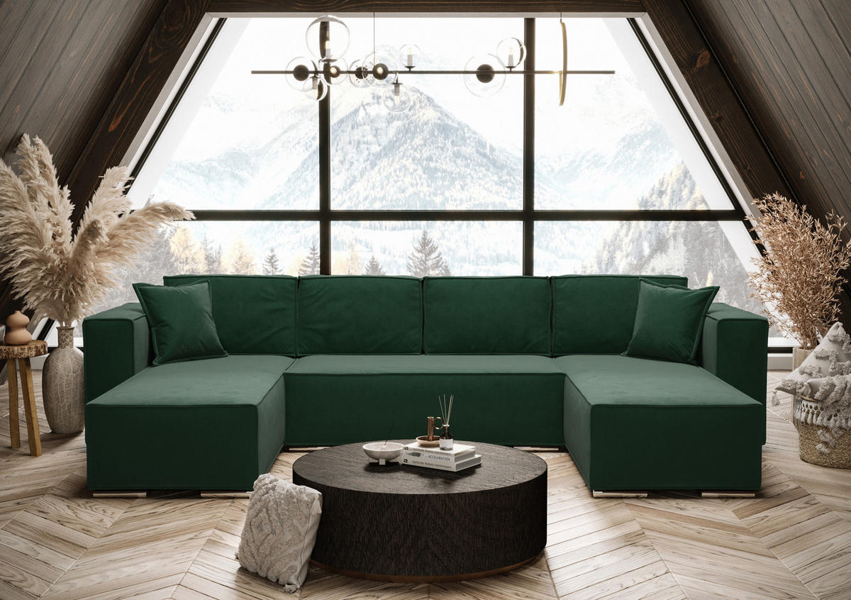 WOHNLANDSCHAFT Vinoria Grün 327/180/82 cm mit Schlaffunktion - Chromfarben/Grün, Textil/Metall (327/82/180cm) - AX Living