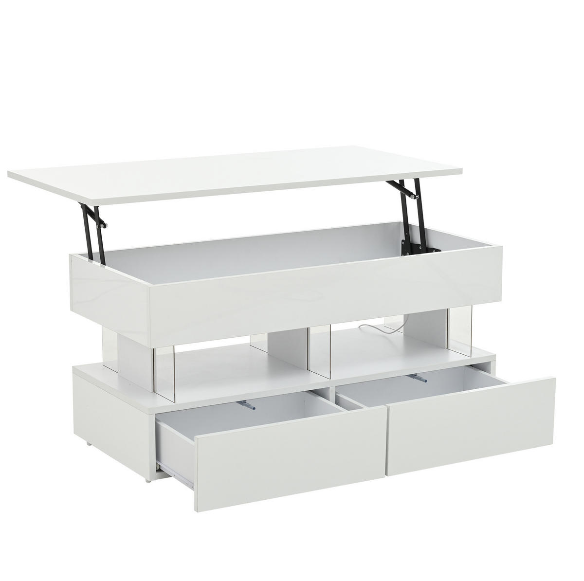 COUCHTISCH 100/50/46 cm mit anhebbarer Tischplatte, LED-Beleuchtung und 2 Schubladen, Weiß - Weiß, Holzwerkstoff (120/50/46cm) - Redom