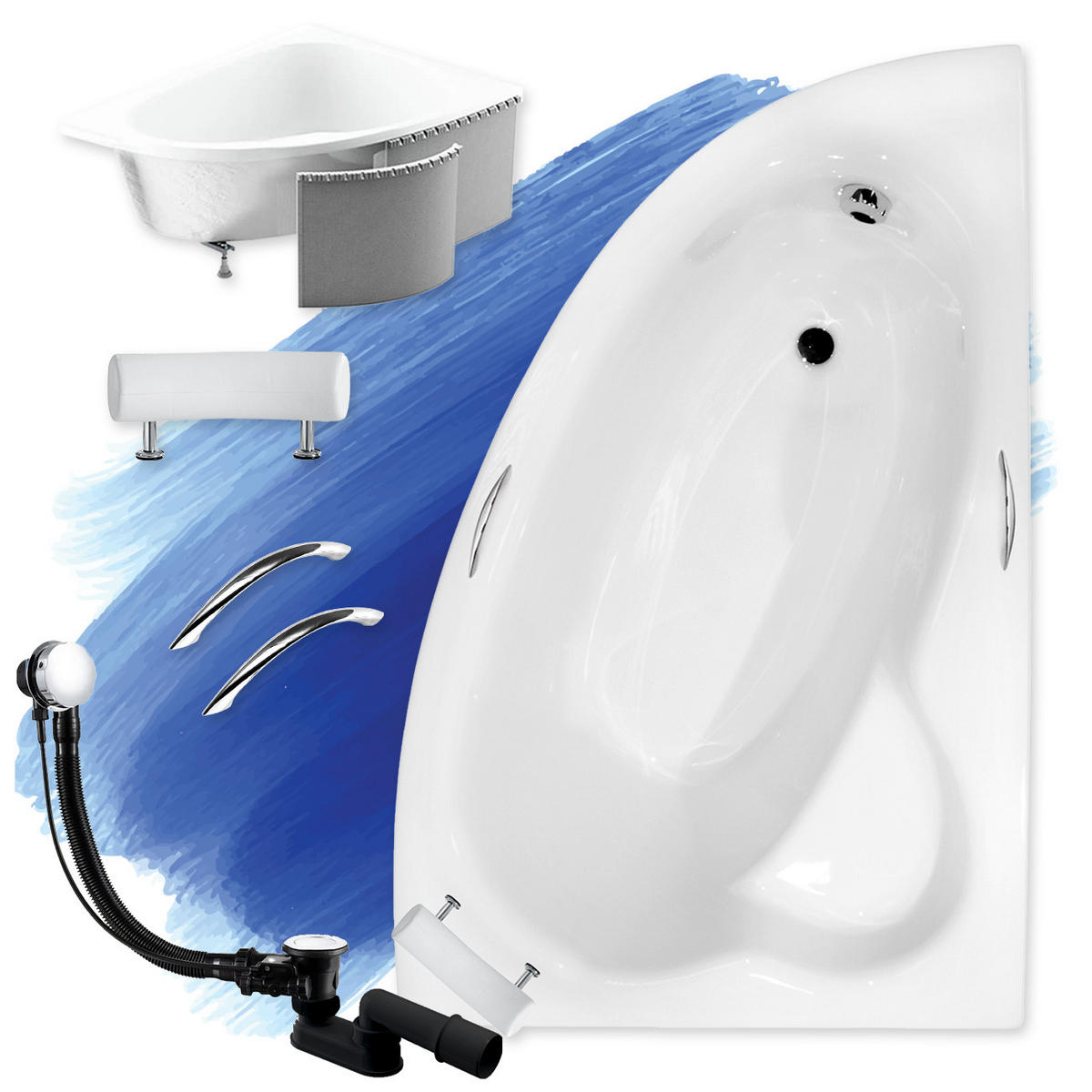 BADEWANNE Eckwanne NATALIA PREMIUM 150/100 Rechts mit Styro Ablauf Füße - Weiß, Kunststoff (100/59.5/150cm) - bad land