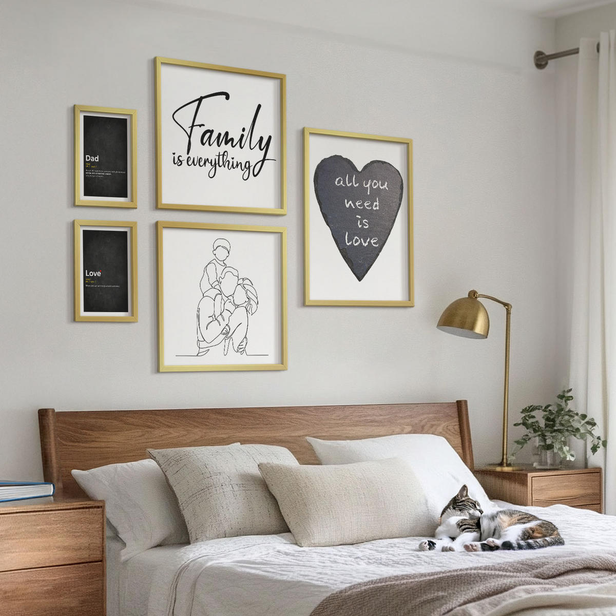 BILDER SET 5er Set - 50x50 cm & 20x30 cm & 40x60 cm Goldrahmen - Definitionen der Liebe in Familienzeichnungen - Goldfarben, Kunststoff (40/60cm) - TULUP