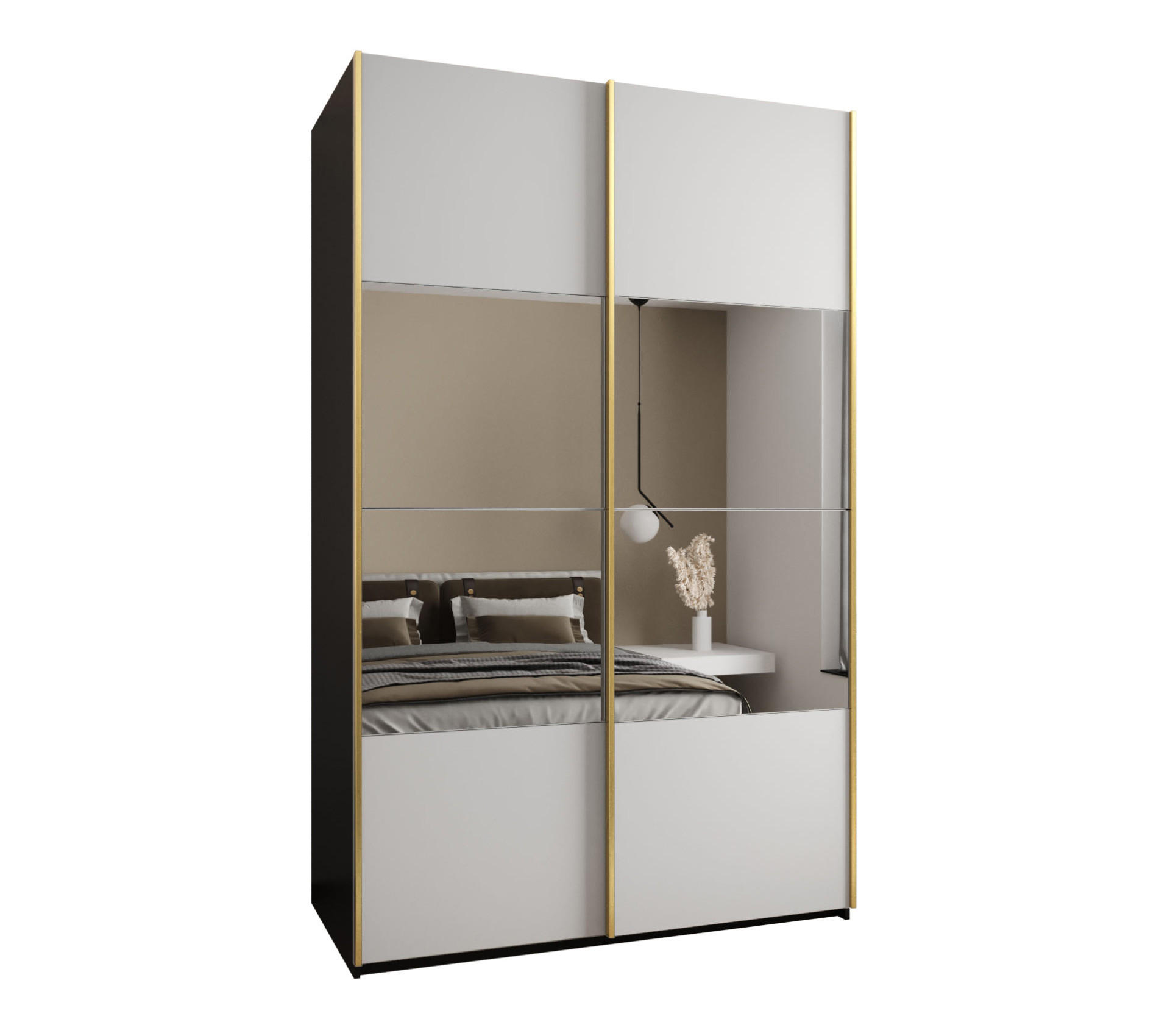 Abiks Möbel SCHWEBETÜRENSCHRANK Schwarz, Weiß, Gold 150cm × 64cm × 245cm