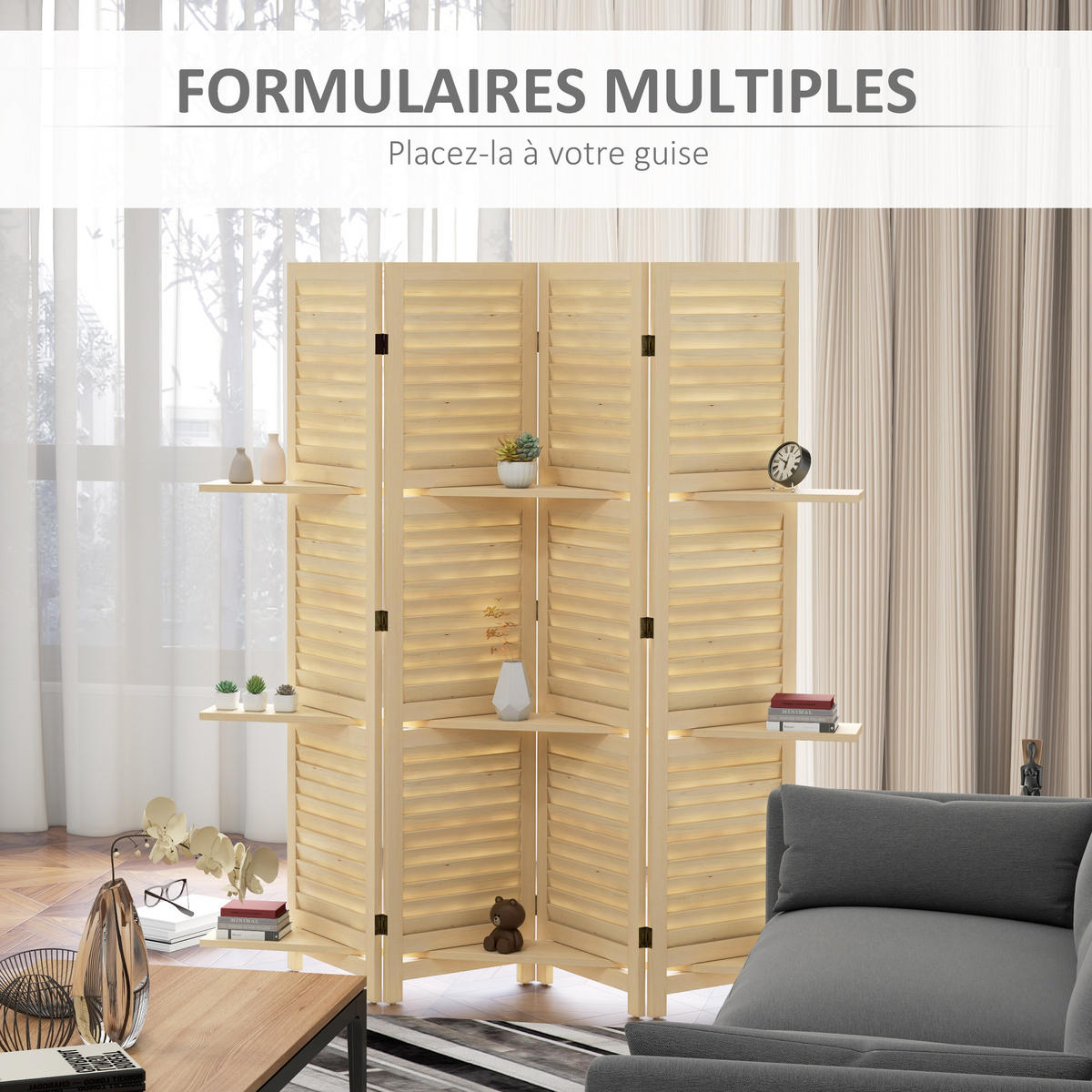 PARAVENT DE-14258 4-teilig, klappbar, mit 3 Regalböden Natur - Naturfarben, Holz (160/160/1.9cm) - ComfortXL