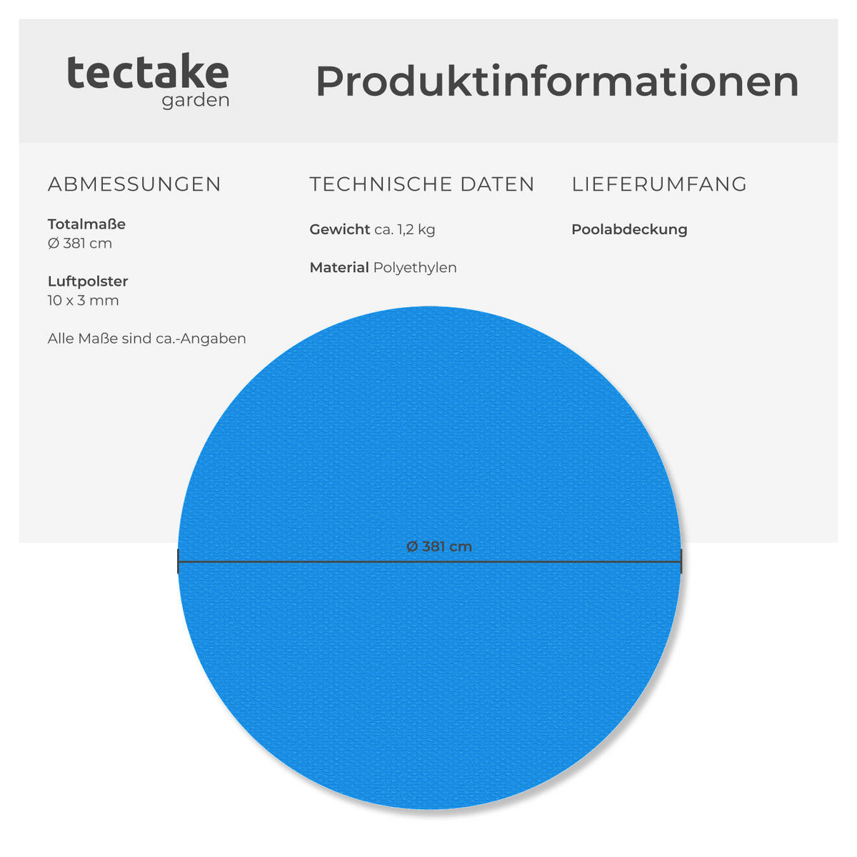 POOLABDECKUNG ,Durchmesser 381 cm,blau - Blau, Kunststoff (381/381cm) - tectake