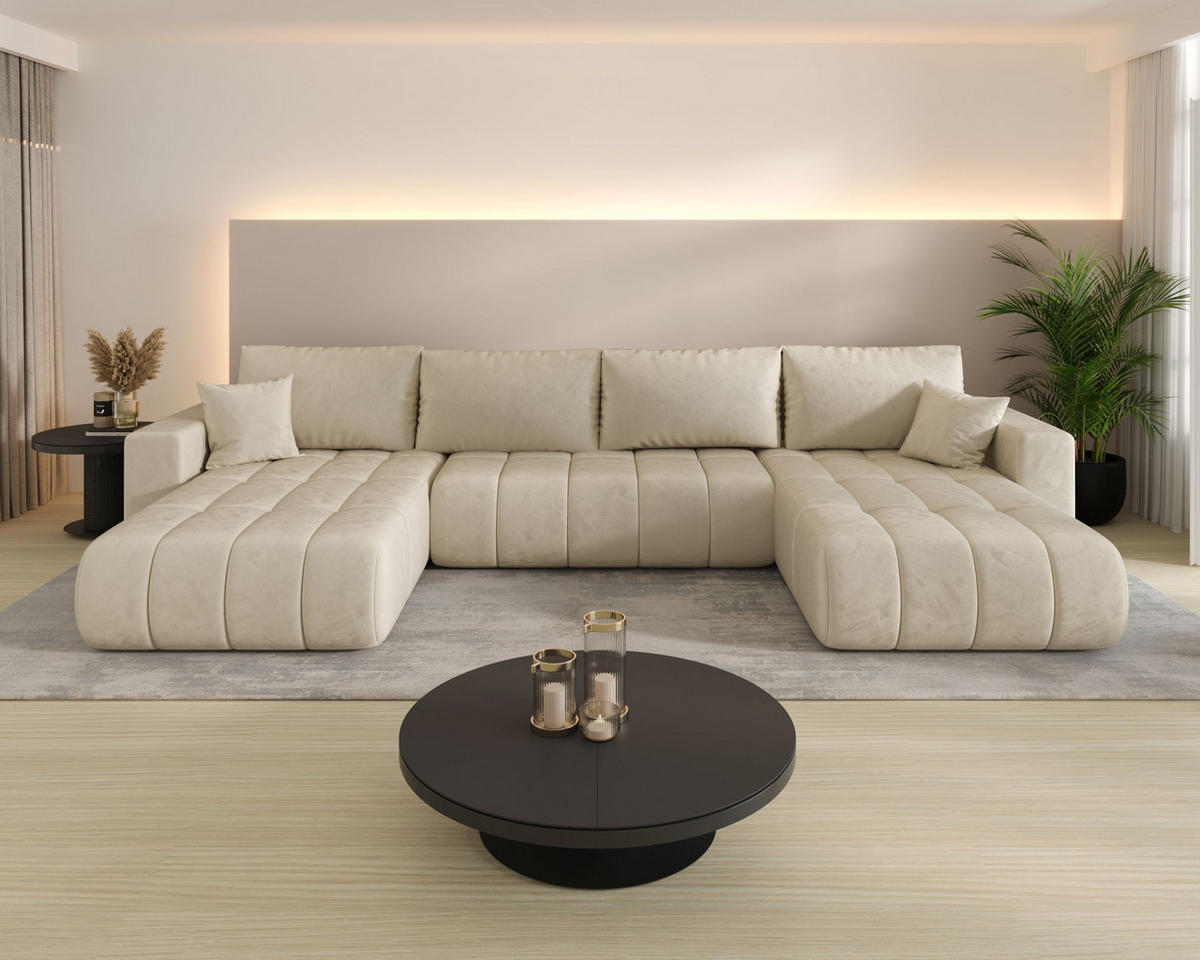 ECKSOFA LARA PREMIUM U-Form beige Velours Monolith 2 - Schlaffunktion, Bettkasten - Beige, Textil (385/175cm) - Cornero