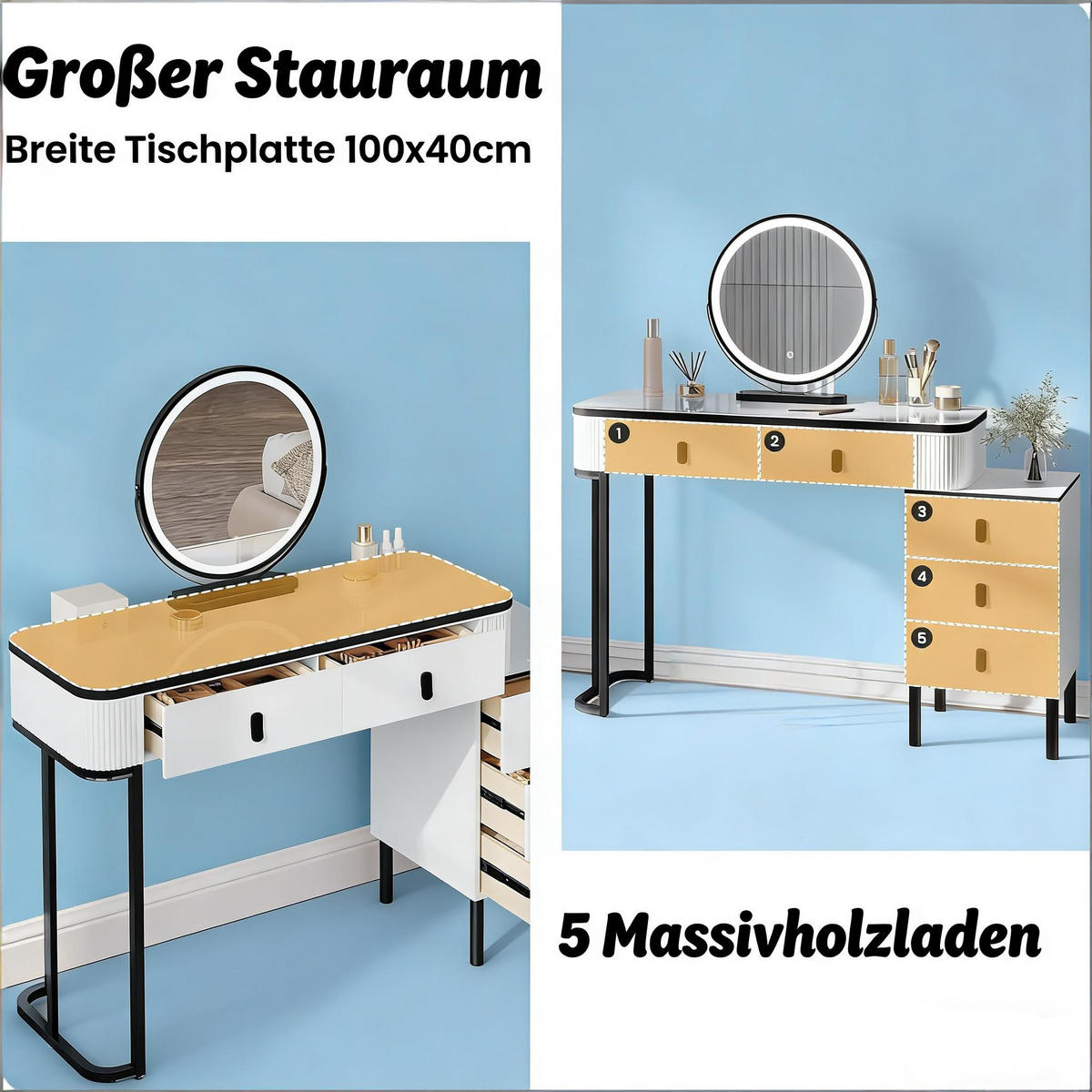 SCHMINKTISCH mit verstellbarem runden LED-Spiegel und 5 Schubladen - Schwarz, Glas (100/125/40cm) - Vallsero
