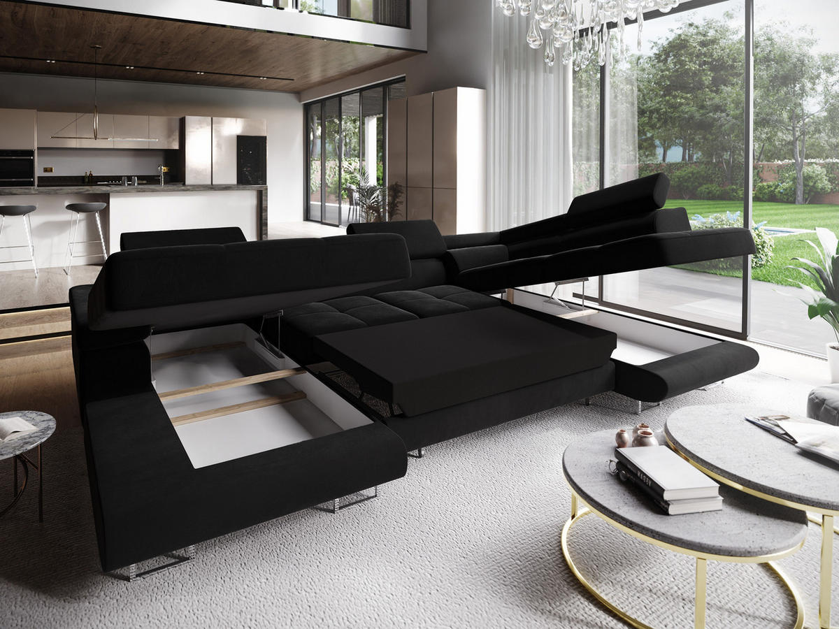 WOHNLANDSCHAFT CASONE R-S Schwarz Velours-Stoff mit Schlaffunktion - Schwarz, Holz (345/90/202cm) - MASSENO