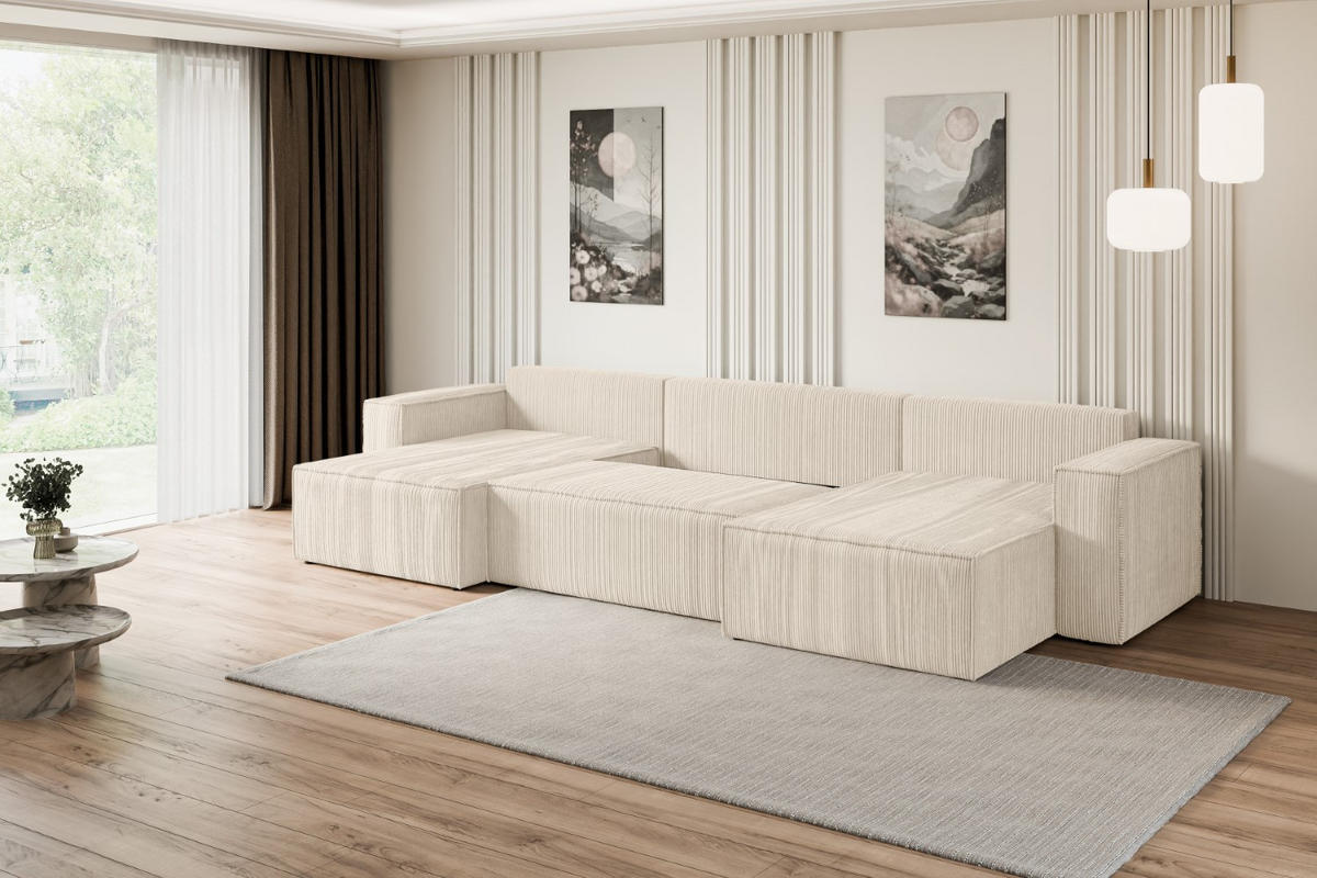 WOHNLANDSCHAFT mit Schlaffunktion und Bettkasten CELTIC-XLU - 377x143x83 cm Beige Cord - Beige/Schwarz, Holzwerkstoff/Kunststoff (377/83/143cm) - ALTDECOR