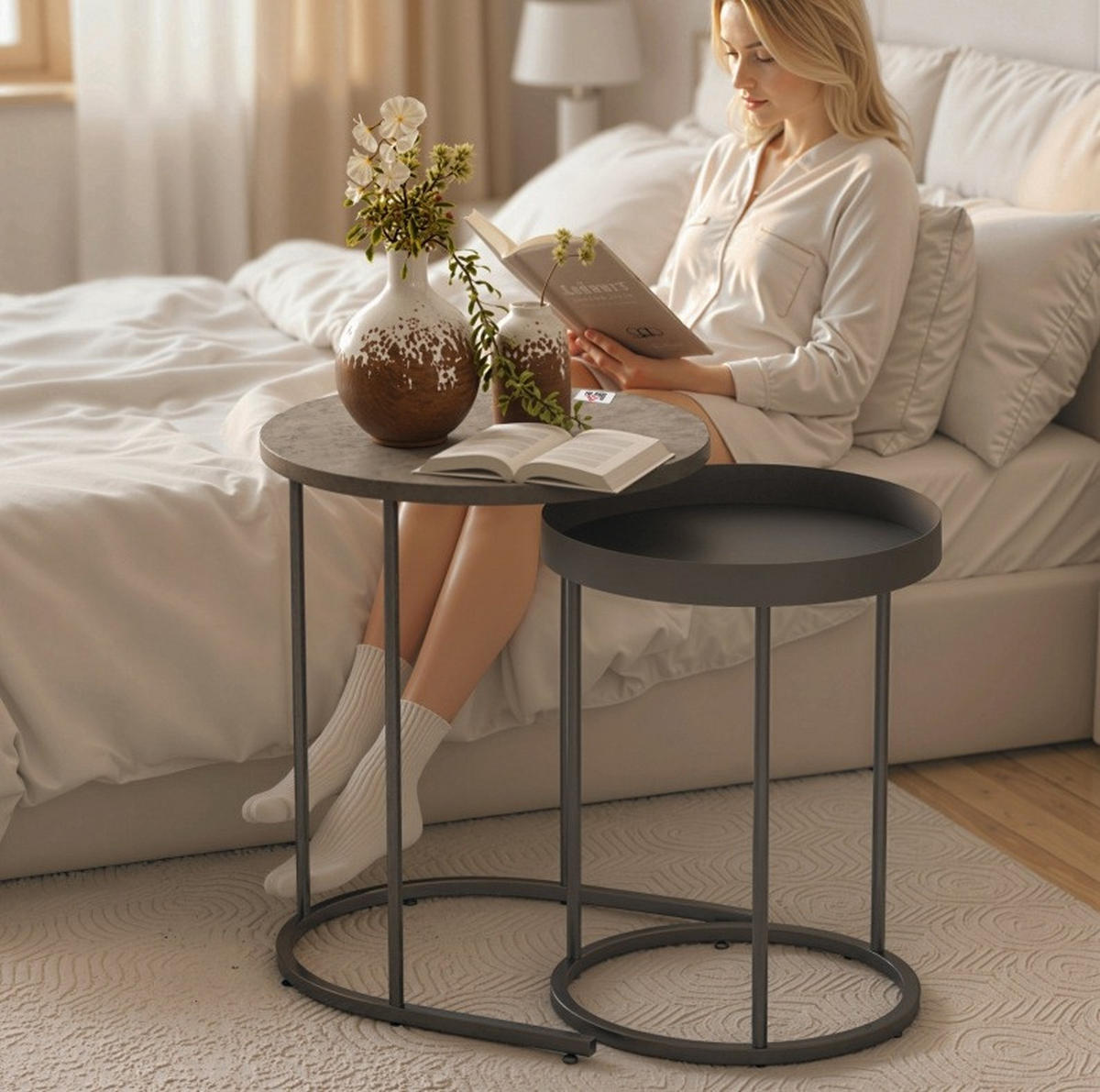 SATZTISCHE 42/42/54 und 36/36,5/48,5 cm im 2er-Set, stapelbar mit Tablettdesign und Metallgestell, Grau - Grau, Metall (42/42/54cm) - Redom
