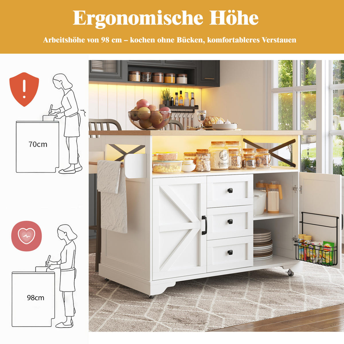 KÜCHENINSEL 120/43/98 cm weiß aus MDF mit klappbarer Platte - Weiß, Holzwerkstoff (120/98/43cm) - OKWISH