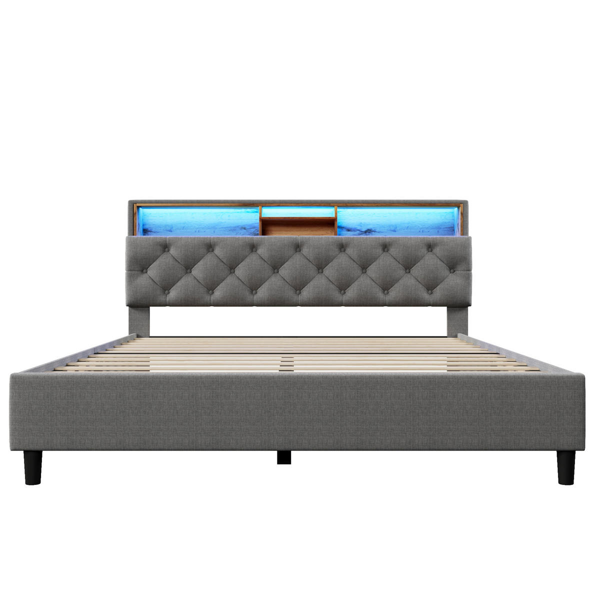 POLSTERBETT aus Massivholz 140x200 cm Grau mit Stauraum-Kopfteil und LED-Beleuchtung - Grau, Holz (140/200cm) - IVMEU