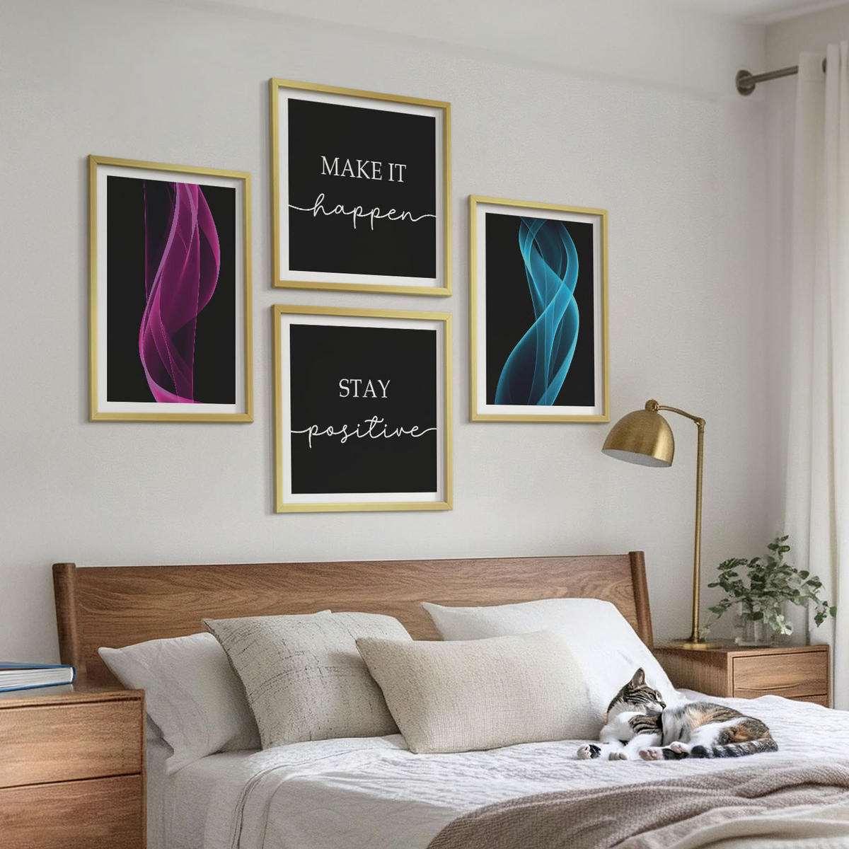 WANDBILDER 4er Set - 50x50 cm & 40x60 cm Goldrahmen - Neonlinienwellen im Hintergrund - Goldfarben, Kunststoff (50/50cm) - ArtPrintCave