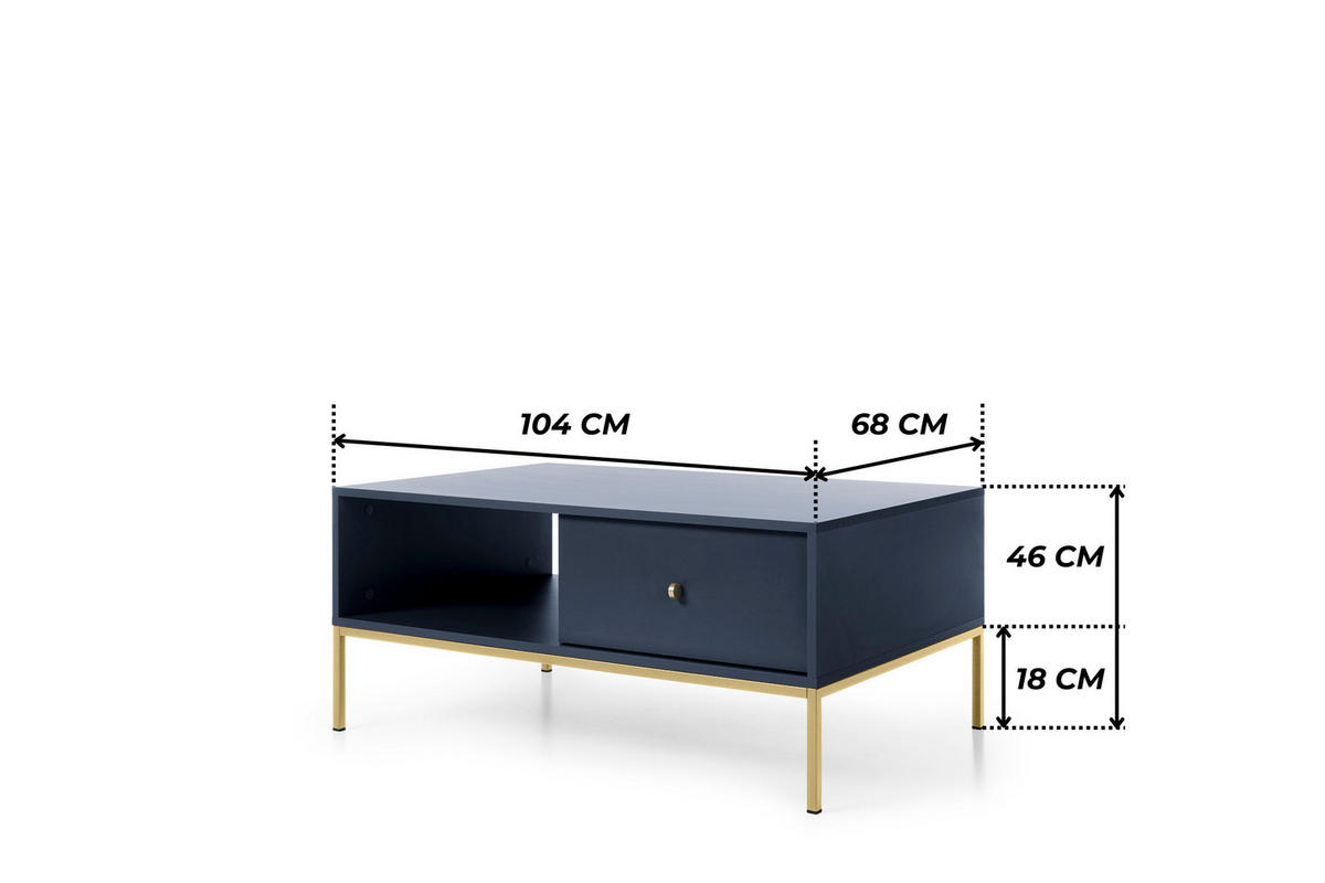 COUCHTISCH BARI Ł2SZ (Blau, Goldene Griffe, Goldenes Gestell, Schubladen) - Goldfarben/Dunkelblau, Holz/Holzwerkstoff (68/104/46cm) - Ravio