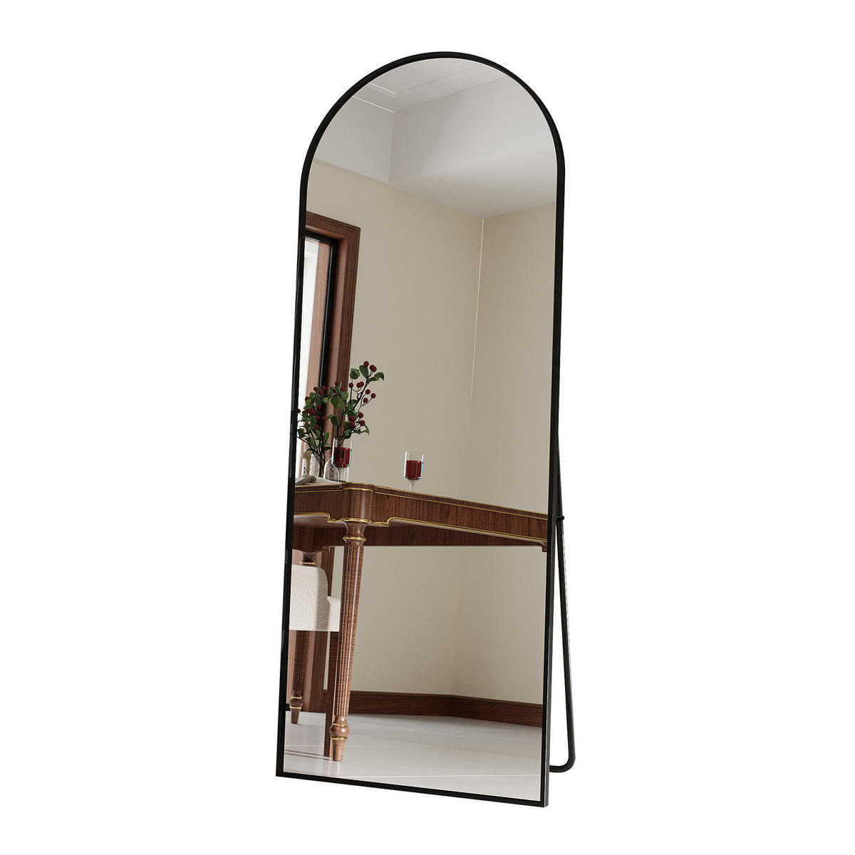 STANDSPIEGEL Gewölbter, 1650 × 600 mm, freistehend, Aluminiumrahmen, schwarz (65 × 23,6 Zoll) - Schwarz, Glas/Metall (60/165/3cm) - WoodenAura