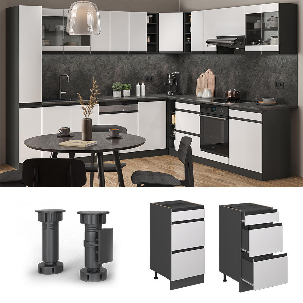 KÜCHENUNTERSCHRANK R-Line Weiß 40 cm mit Schubladen, AP Eiche - Anthrazit/Weiß, Holzwerkstoff (40/81.6/60cm) - Vicco