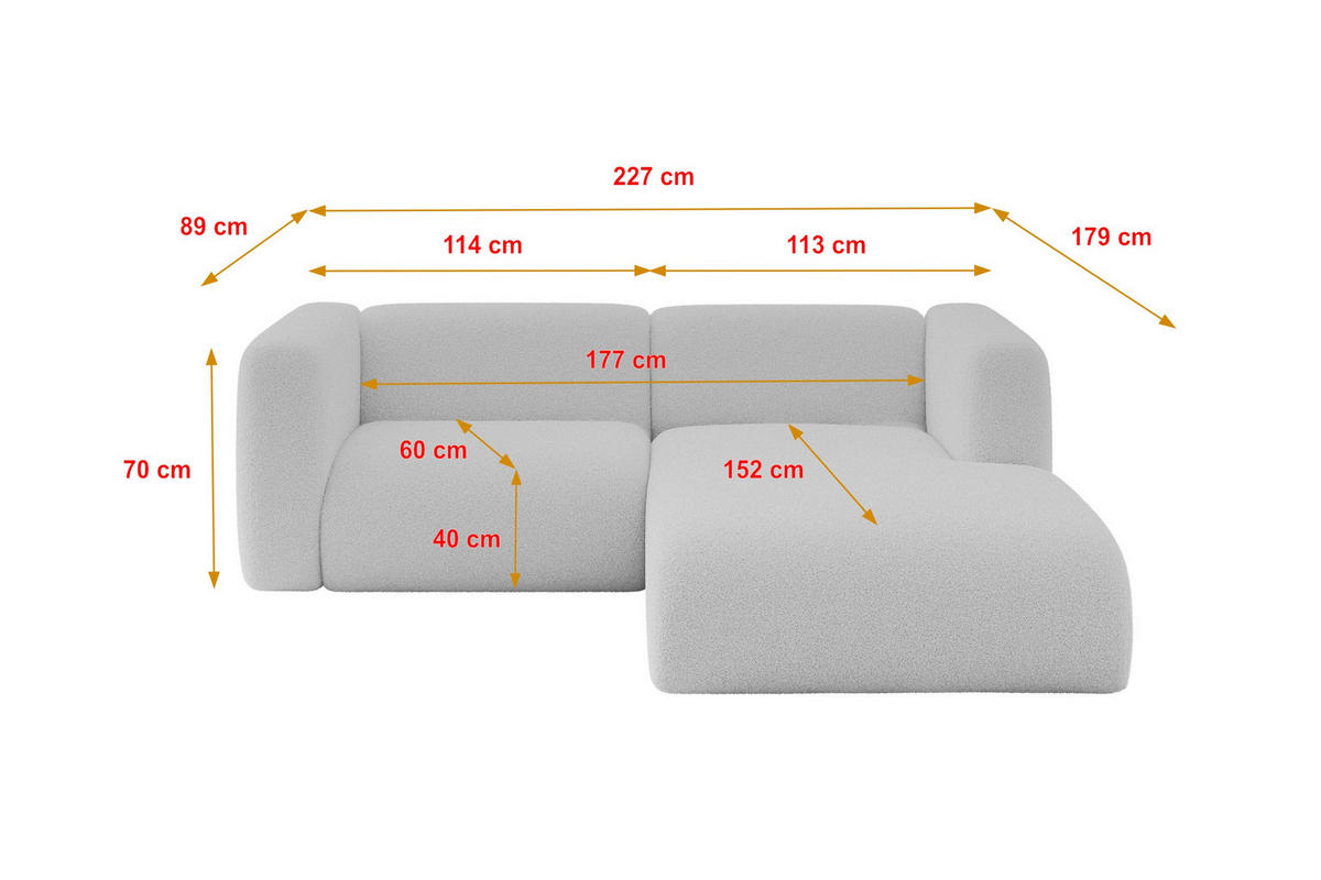 ECKSOFA Ottomane Rechts MIRA-L1 227x179x89 Hellgrau Bouclé - Silberfarben/Hellgrau, Holzwerkstoff/Kunststoff (227/179cm) - ALTDECOR