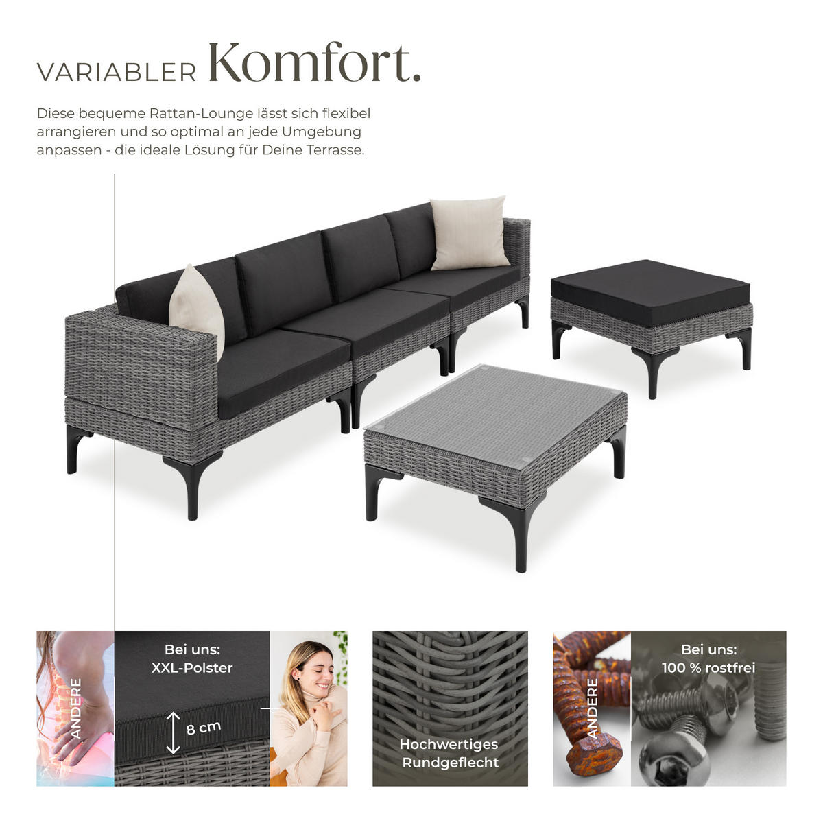 RATTANLOUNGE Konstanza,mit Sicherheitsglasplatte,grau - Grau, Metall - tectake