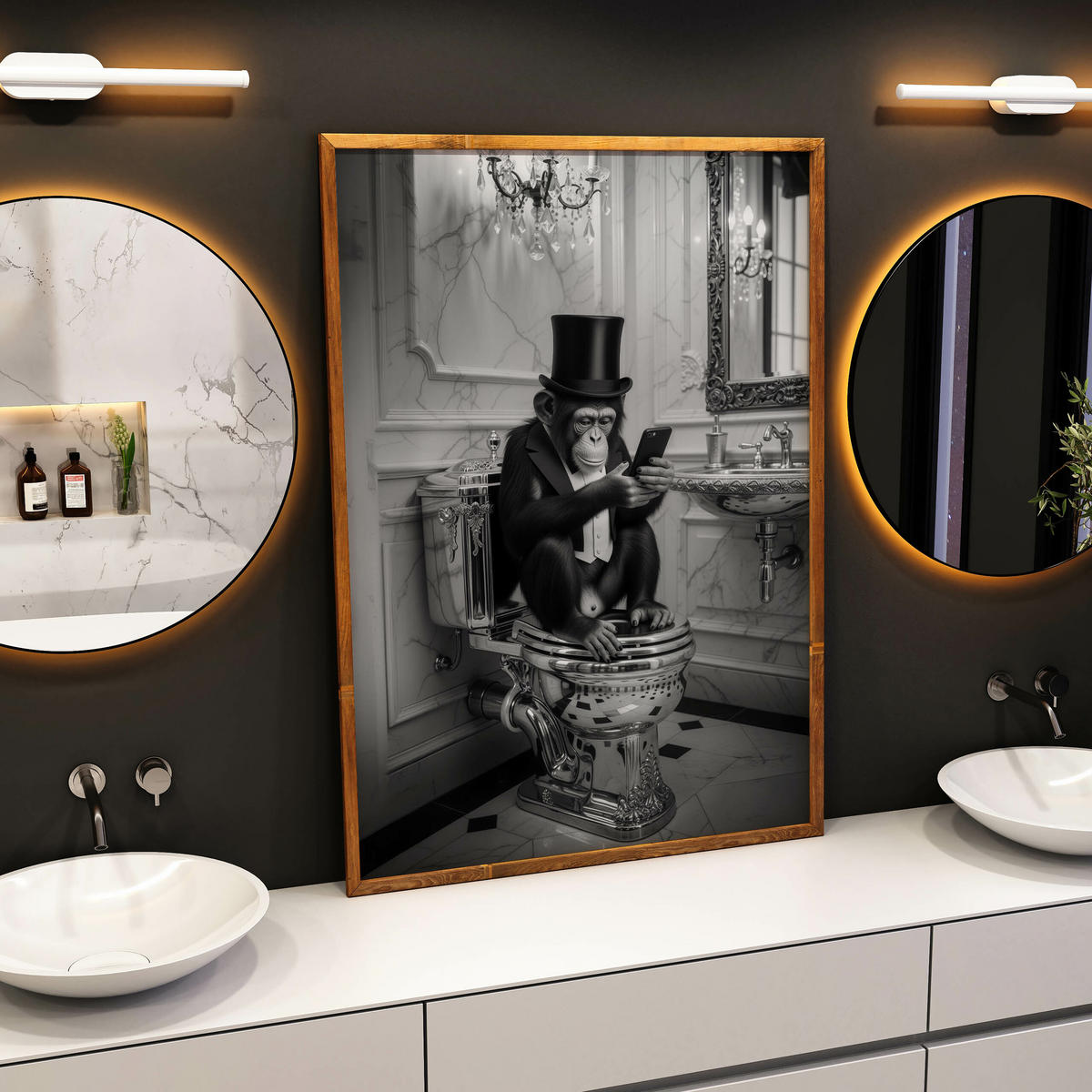 POSTER für Badezimmer WC AFFE mit Zylinder auf Toilette Abstraktion 20x30cm - Schwarz/Weiß, Papier (20/30/1cm) - Muralo